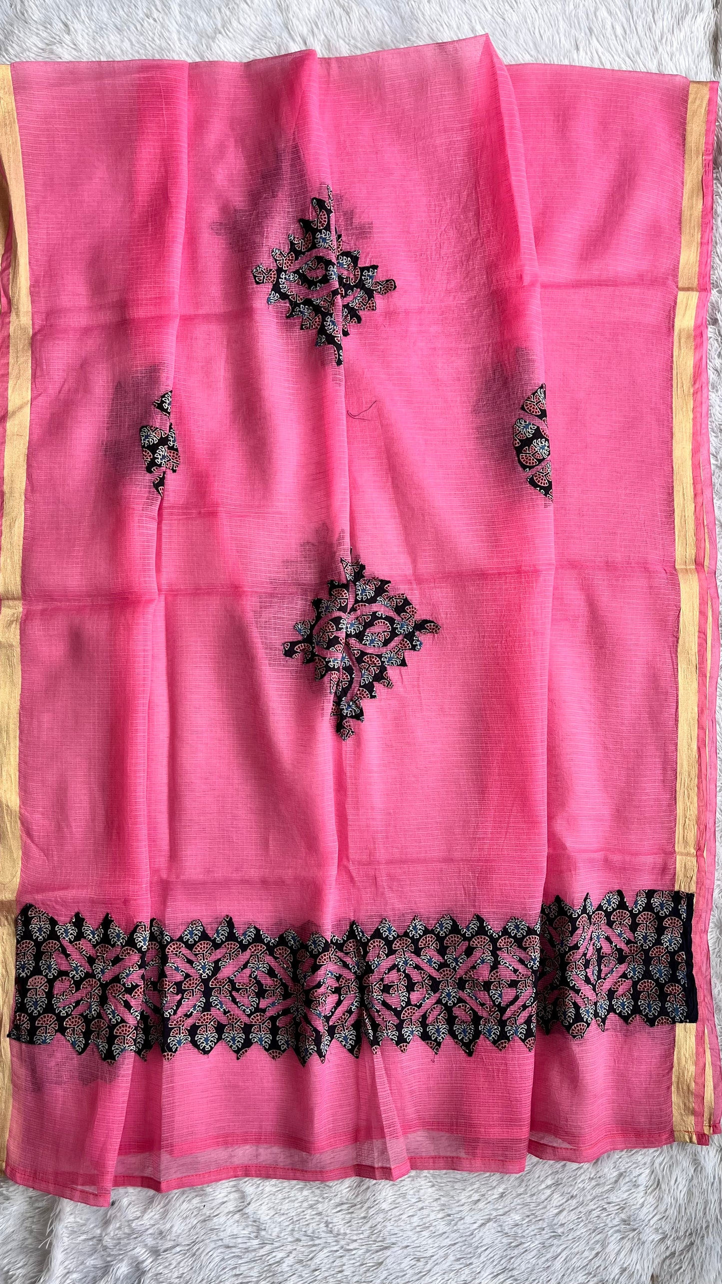 Bubblegum Pink and Blue Kota Doria Dupatta with Blue Ajrakh Applique Patchwork
