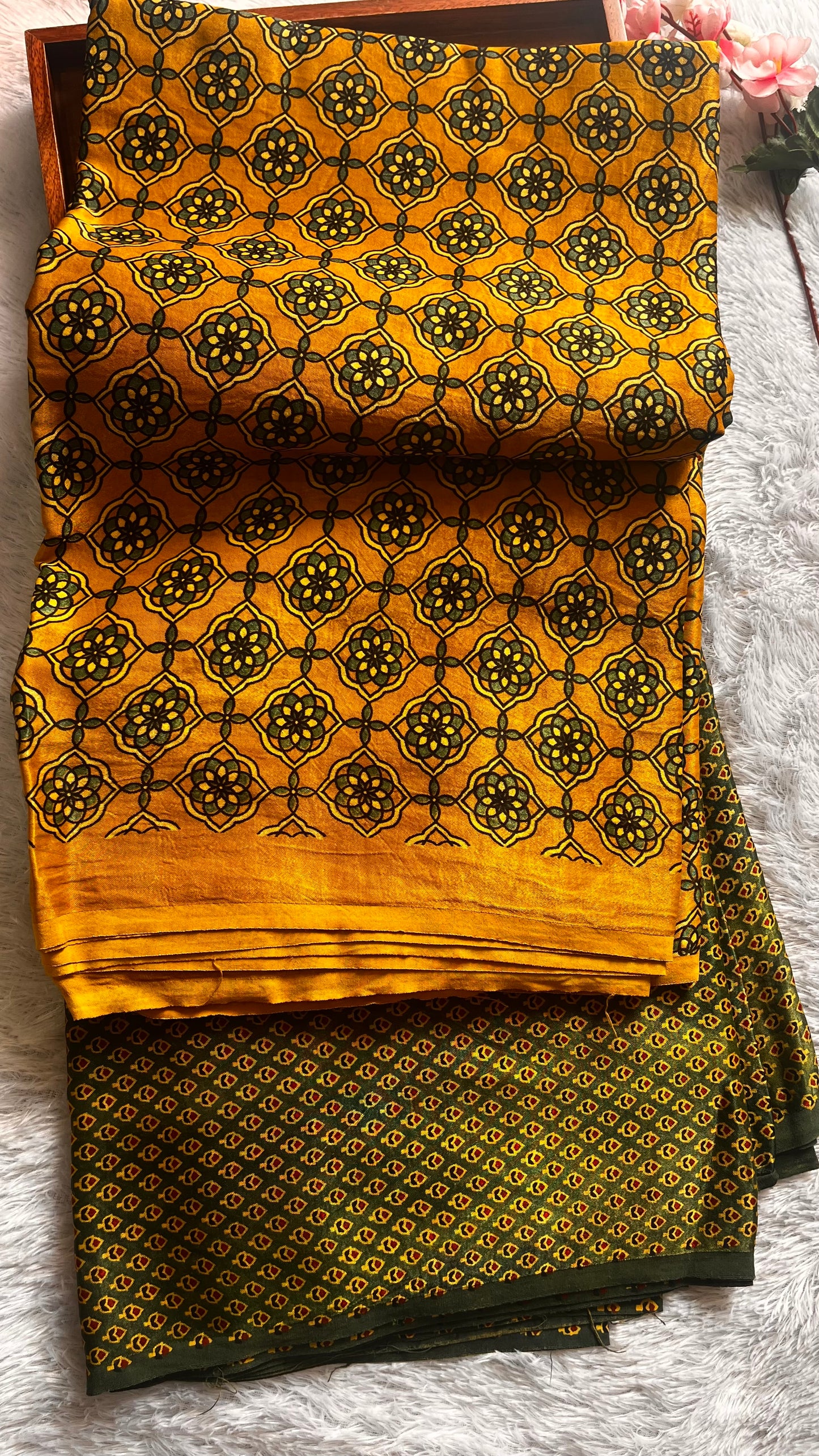 Yellow and Green Jaal Motif Ajrakh Mashru Silk Kurta Pant Fabric