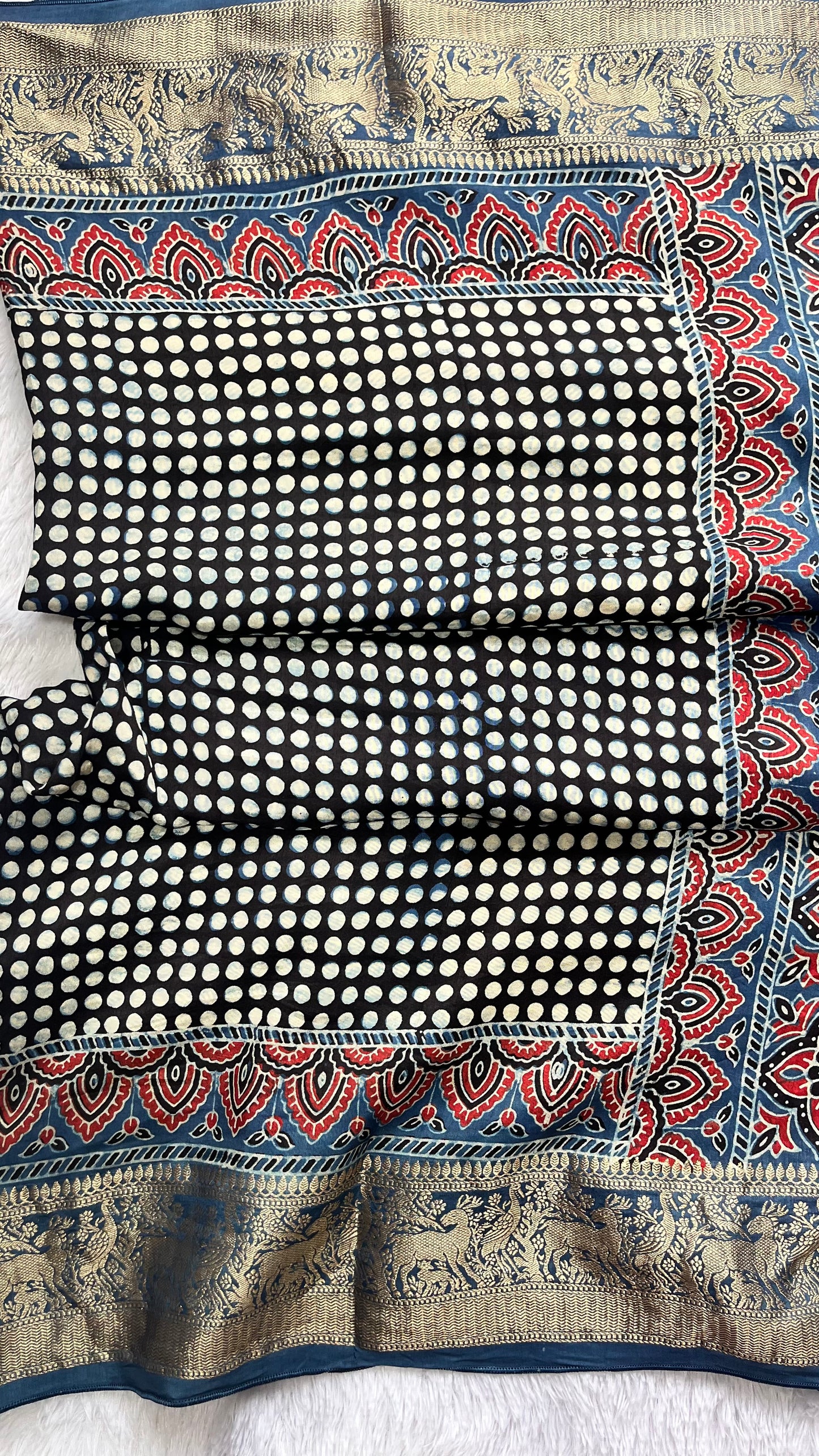 Black and Indigo Dotted Buta Motif Ajrakh Hand Block Dola Silk Saree with Zari Pallu (With Blouse)