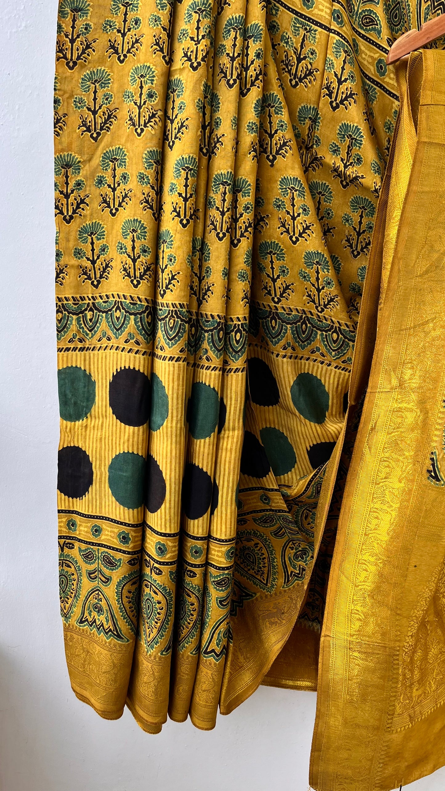 Turmeric Yellow Mugal Buta Motif Ajrakh Hand Block Dola Silk Saree with Zari Pallu (With Blouse)