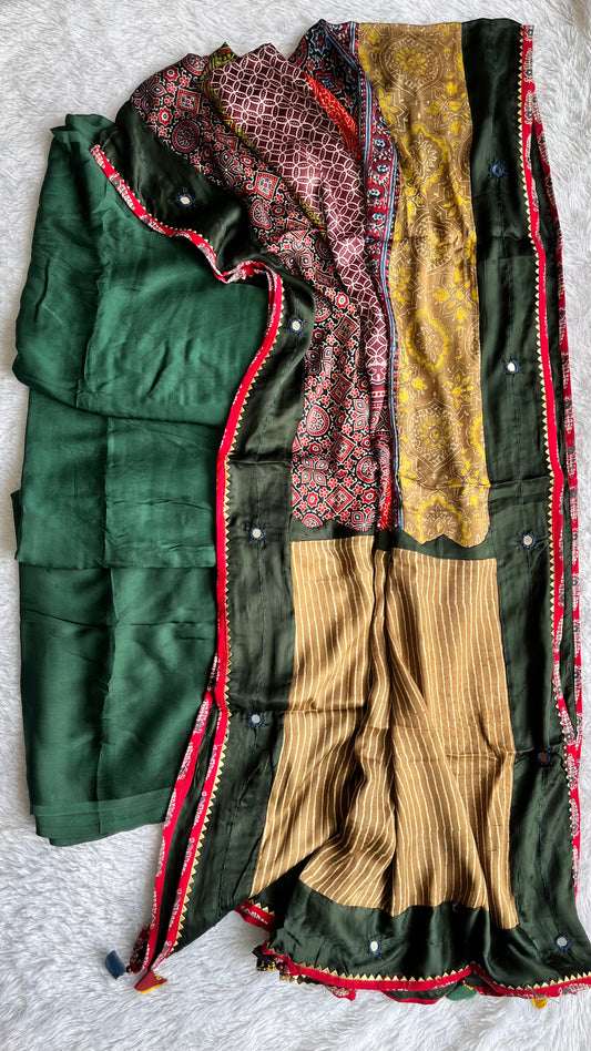 Green Solid Shade Modal Silk Ajrakh Hand Block Print 2pc Suit Material Set with Applique Work Dupatta