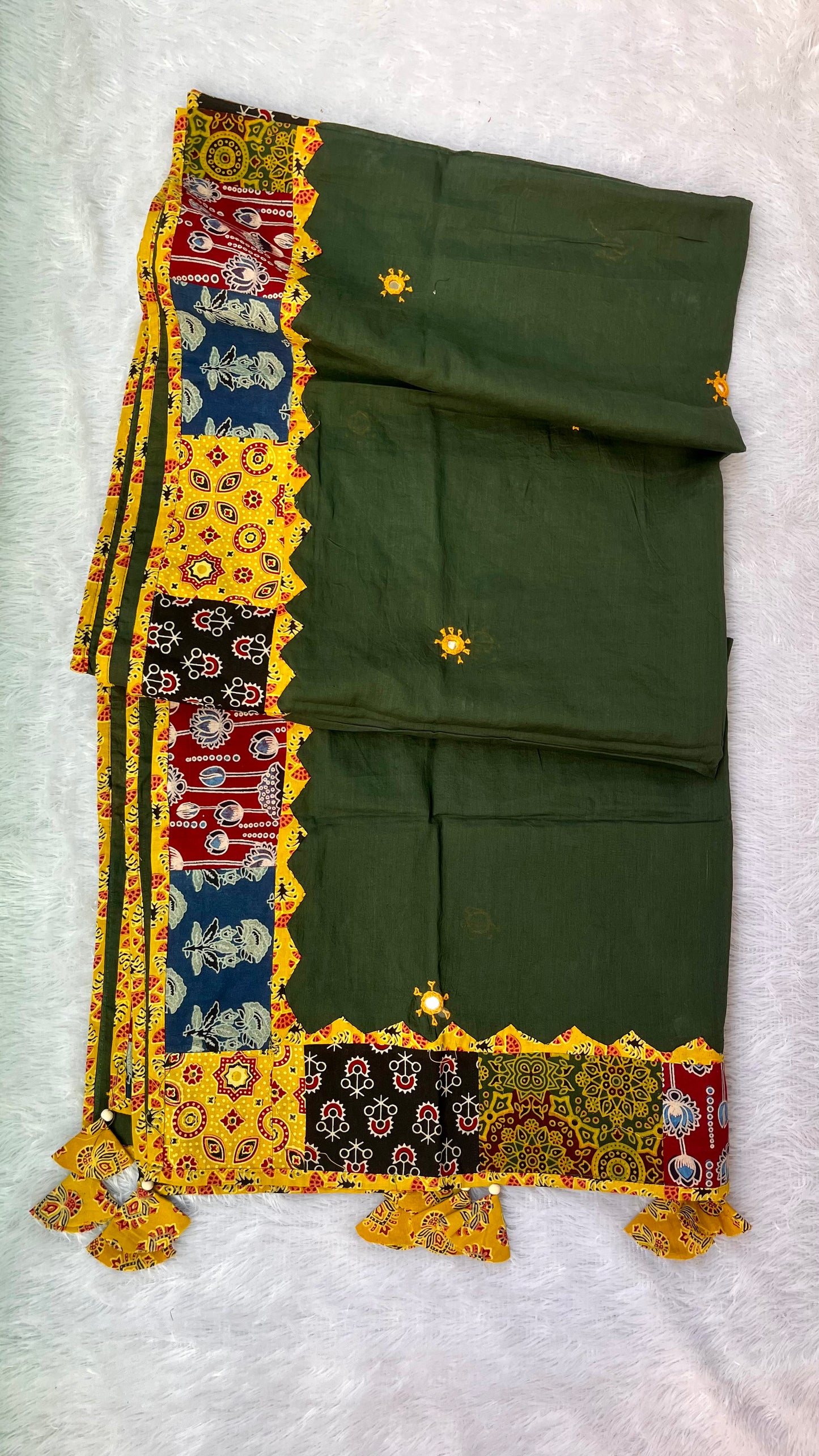 Bottle Green Ajrakh Applique Patchwork Border Cotton Dupatta with Mirror Work
