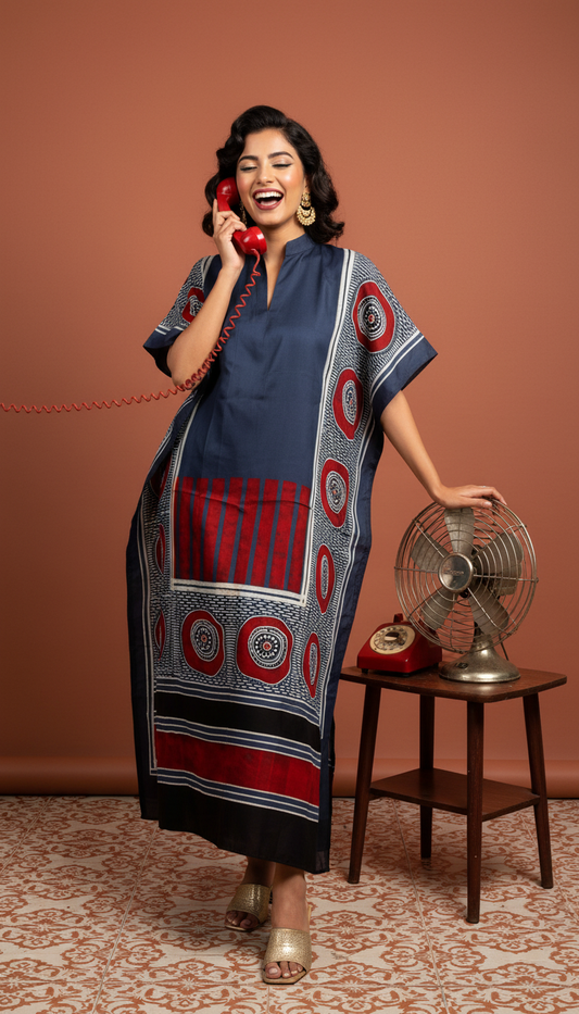 Blue Solid Shade Modal Silk Ajrakh Hand Block Print Designer Unstitched Fabric (Kurta Only)