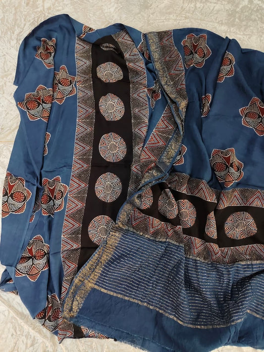 Blue Star Anise Buti Print Modal Silk Ajrakh Natural Dyed Hand Block Print 2pc Suit Material Set with Dola Silk Dupatta