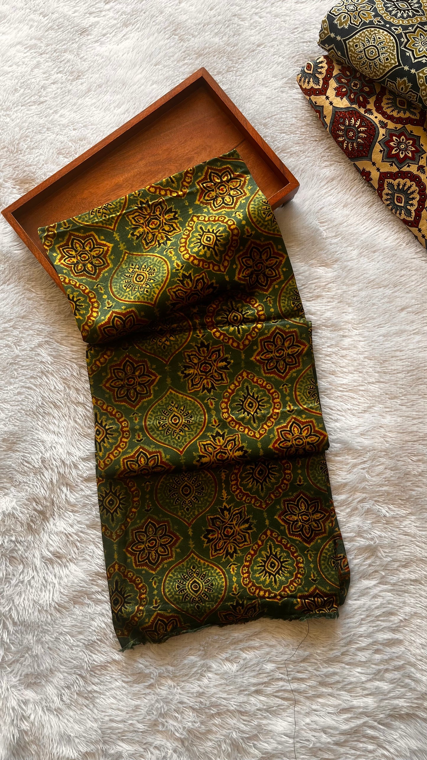 Cut Piece Green Badaam Buta Motif Ajrakh Mashru Silk fabric