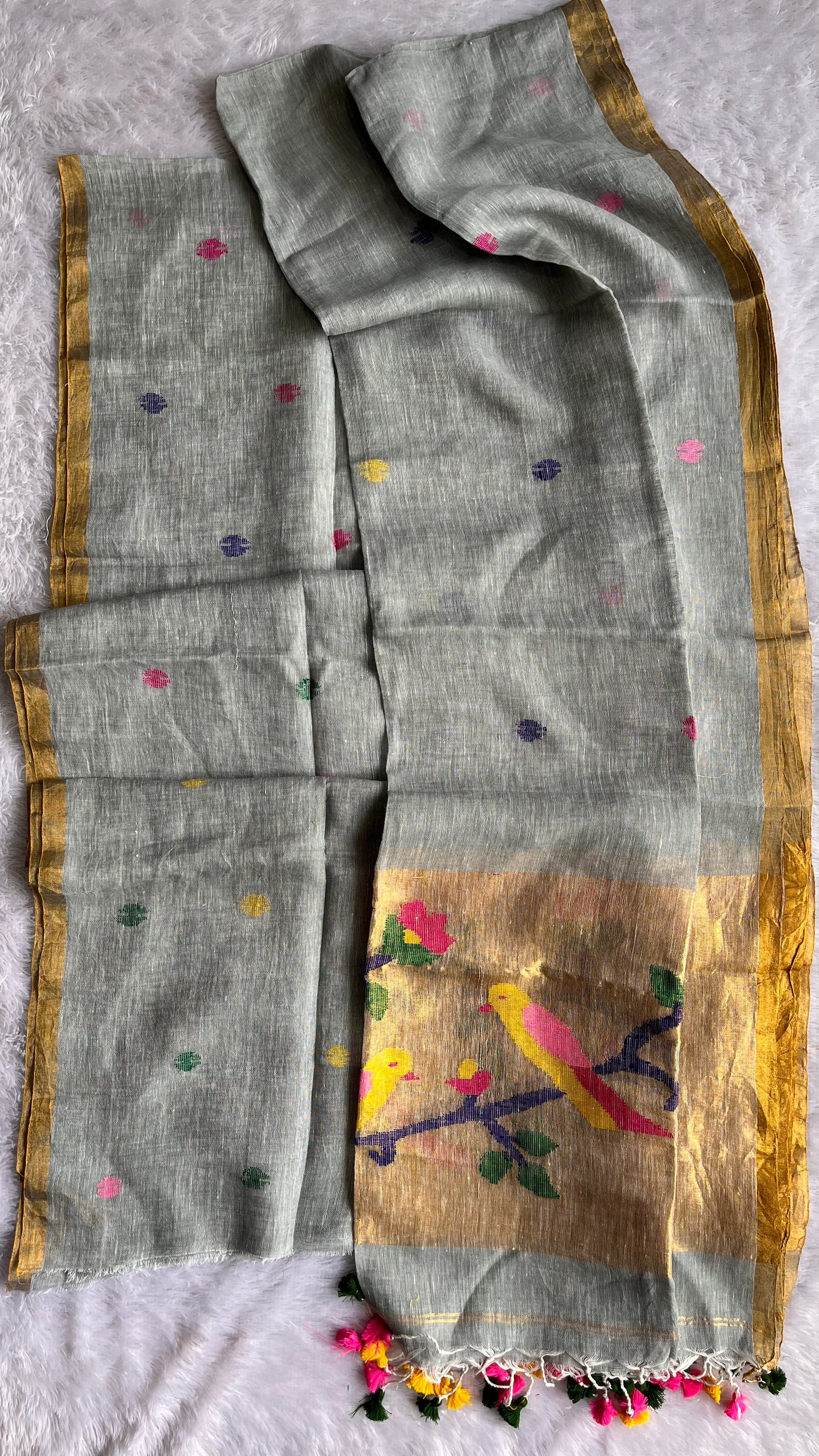 Gracious Grey Paithani Unstitched Pure Linen on Linen Hand Woven Daman 2 pc Suit Set