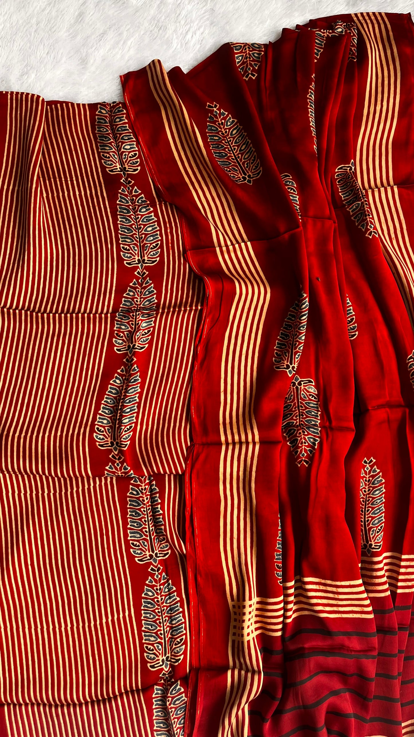 Deep Red Dhaari and Asopallav Buta Print Modal Silk Ajrakh Natural Dyed Hand Block Print 2pc Suit Material Set