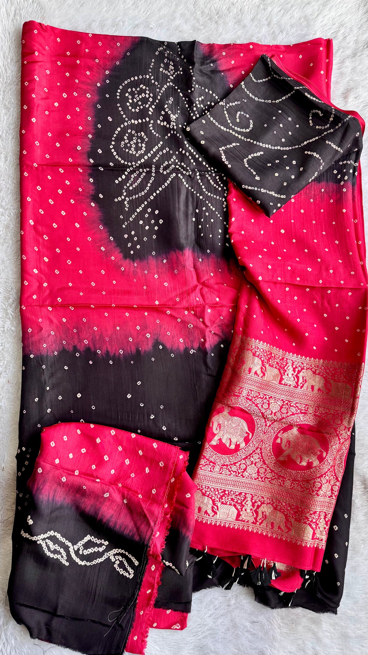 Red and Black Bandhej Pure Dola Silk Ajrakh Hand Block Print 3 pc Suit Material Set with Menakari Yoke and Nakkashi Dupatta and Bottom
