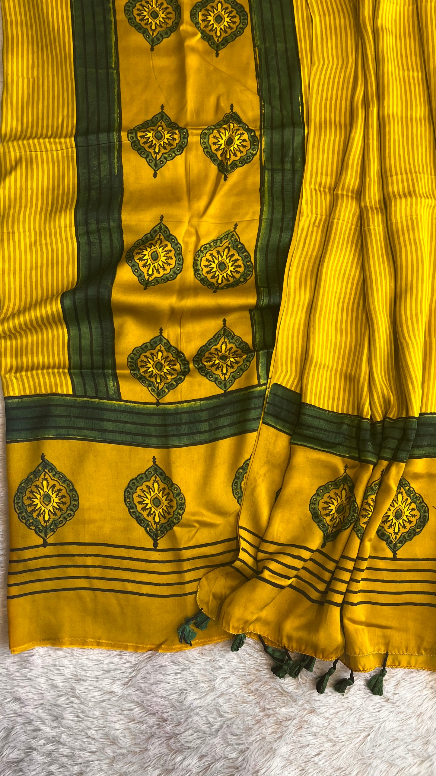 Turmeric Yellow and Green Modal Silk Ajrakh Hand Block 2 pc Suit Set