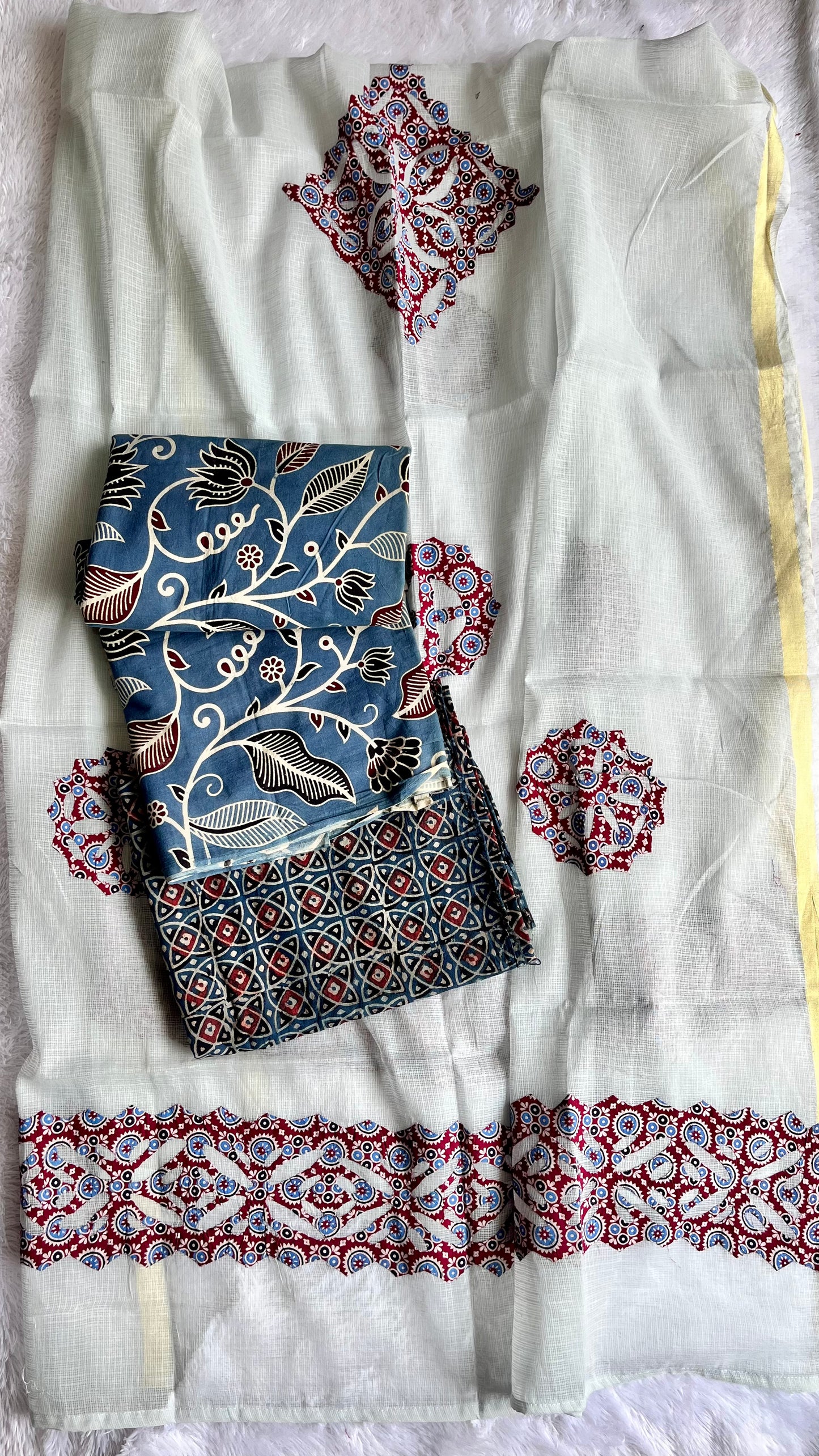 Blue Badaam Buti Pure Cotton Ajrakh Unstitched Suit Set with Ajrakh Applique Kota Dupatta