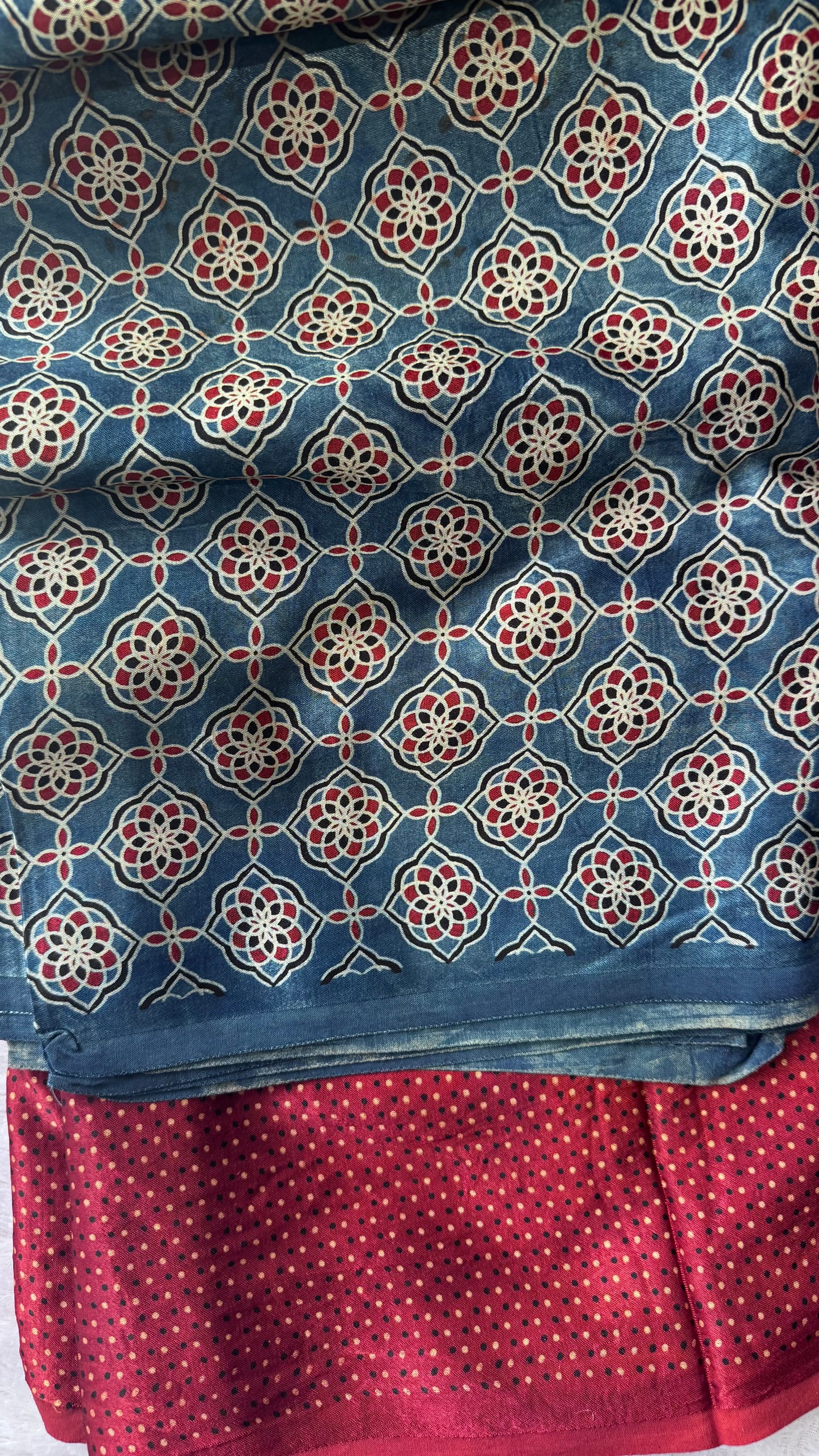 Blue and Maroon Jaal Motif and Asopallav Ajrakh Mashru Silk Kurta Pant Fabric