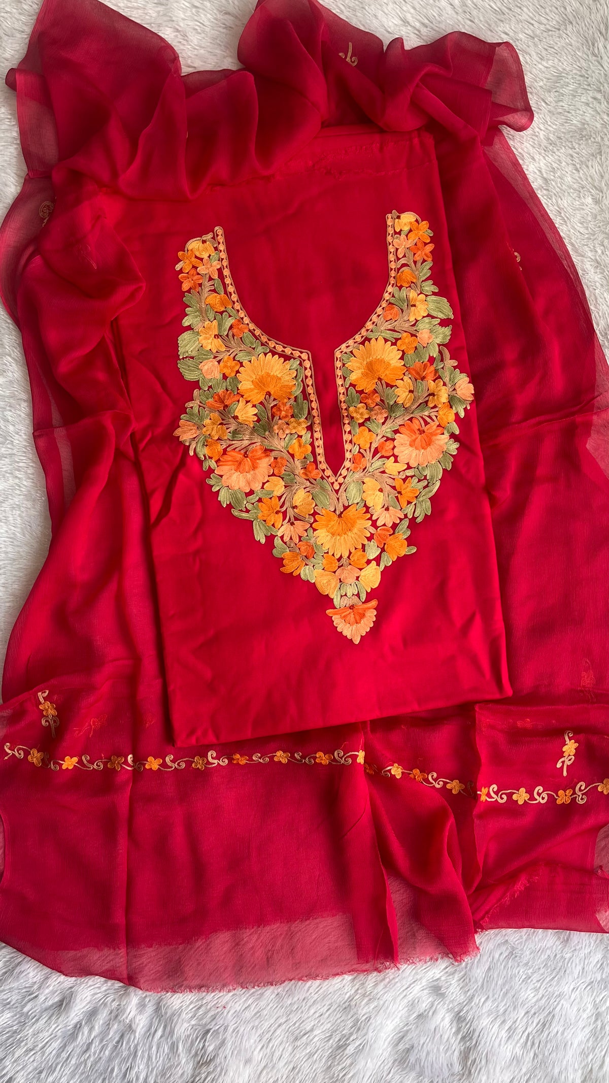 Brick Red Kashmiri Aari Embroidered 3pc Suit Set with Embroidered Muslin Dupatta