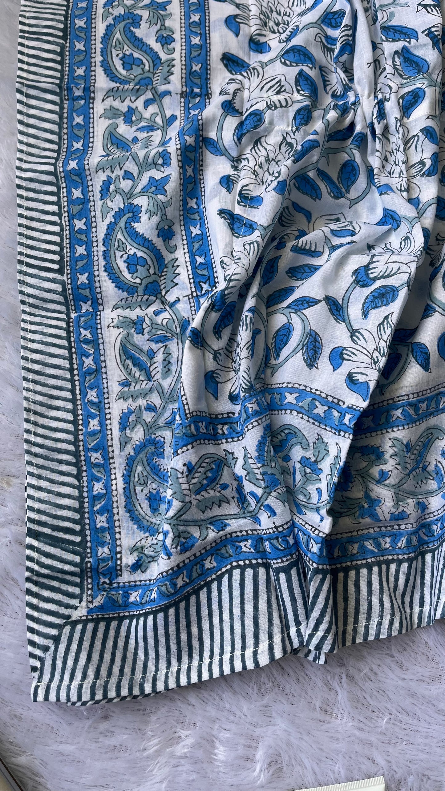 Blue Floral Motif Mulmul Cotton Short Kaftan