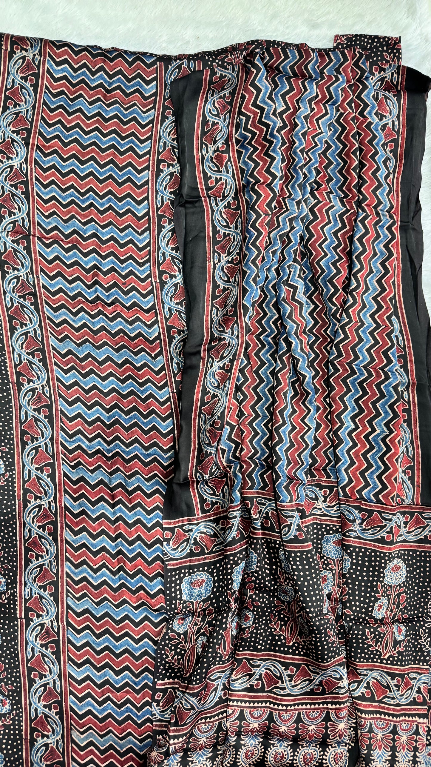 Black Zigzag and Mugal Motif Modal Silk Hand Block Print 2pc Suit Material Set