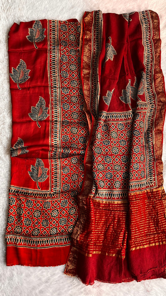 Red Shade Maple Leaf and Jaal Motif Pure Modal Silk Suit Set with Dola Silk Dupatta