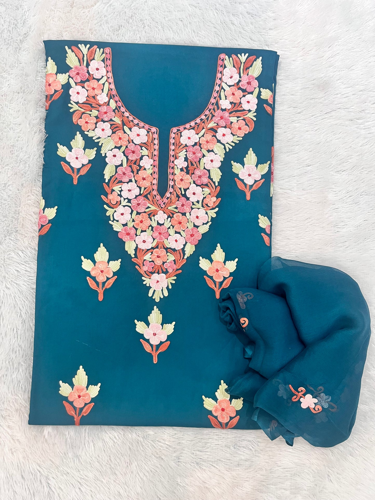 Rama Green Muslin Cotton Kashmiri Aari Full Embroidered 3pc Suit Set