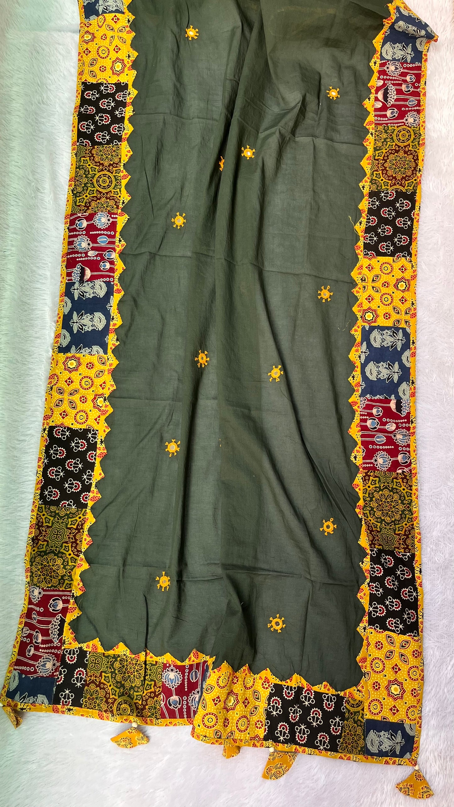 Bottle Green Ajrakh Applique Patchwork Border Cotton Dupatta with Mirror Work
