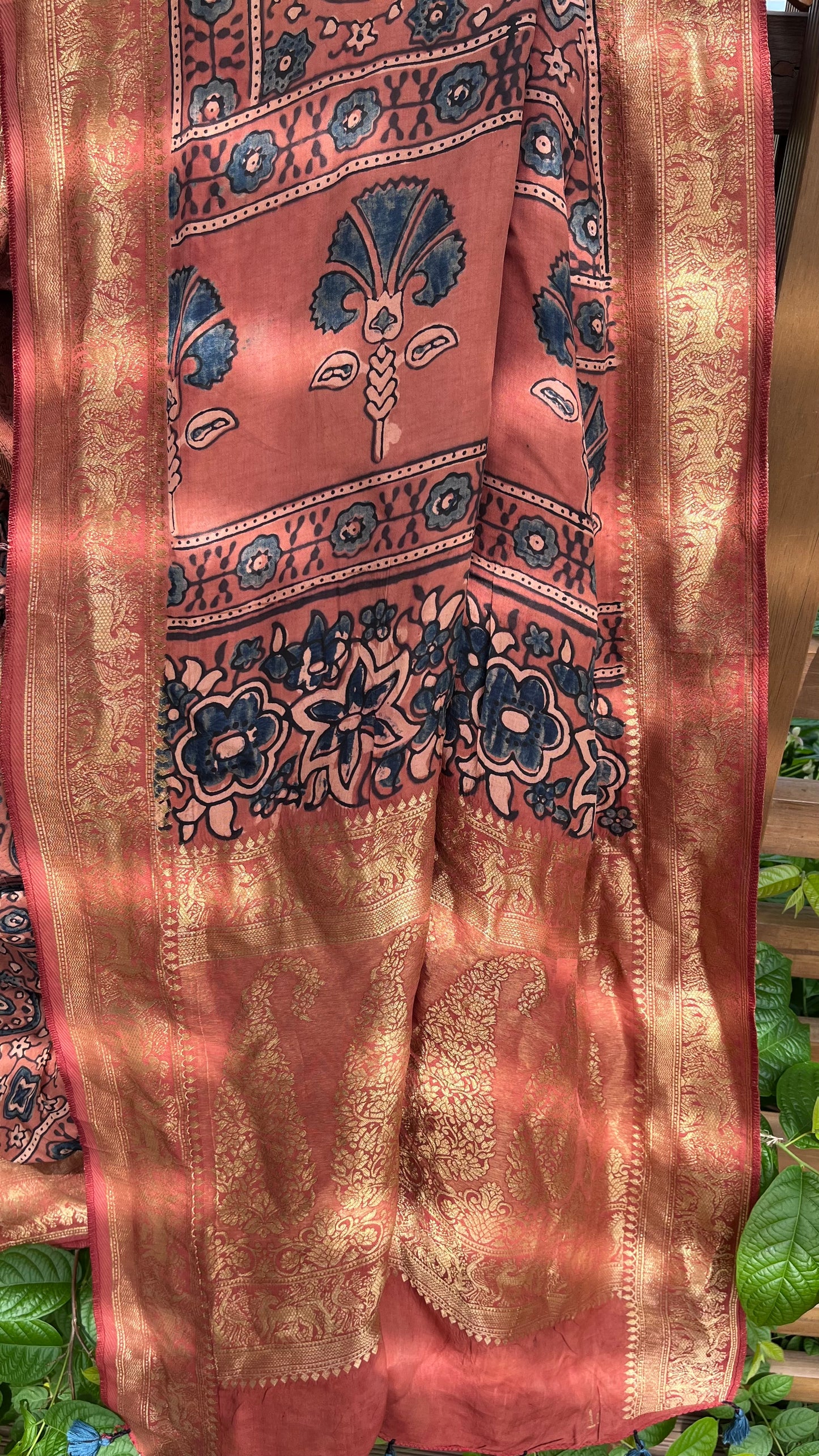 Kesari Jaal Buta Motif Ajrakh Hand Block Dola Silk Saree with Zari Pallu (With Blouse)