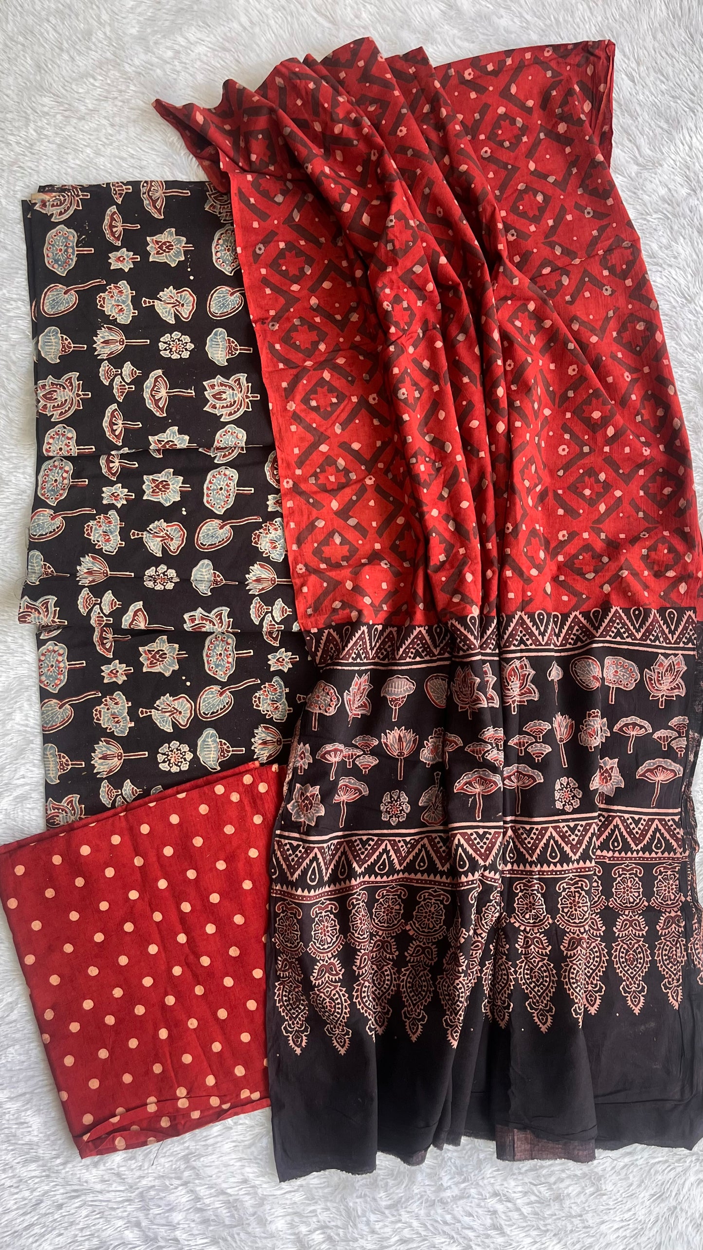 Red and Black Booti Ajrakh Unstitched Suit Set with Ajrakh Cotton Dupatta