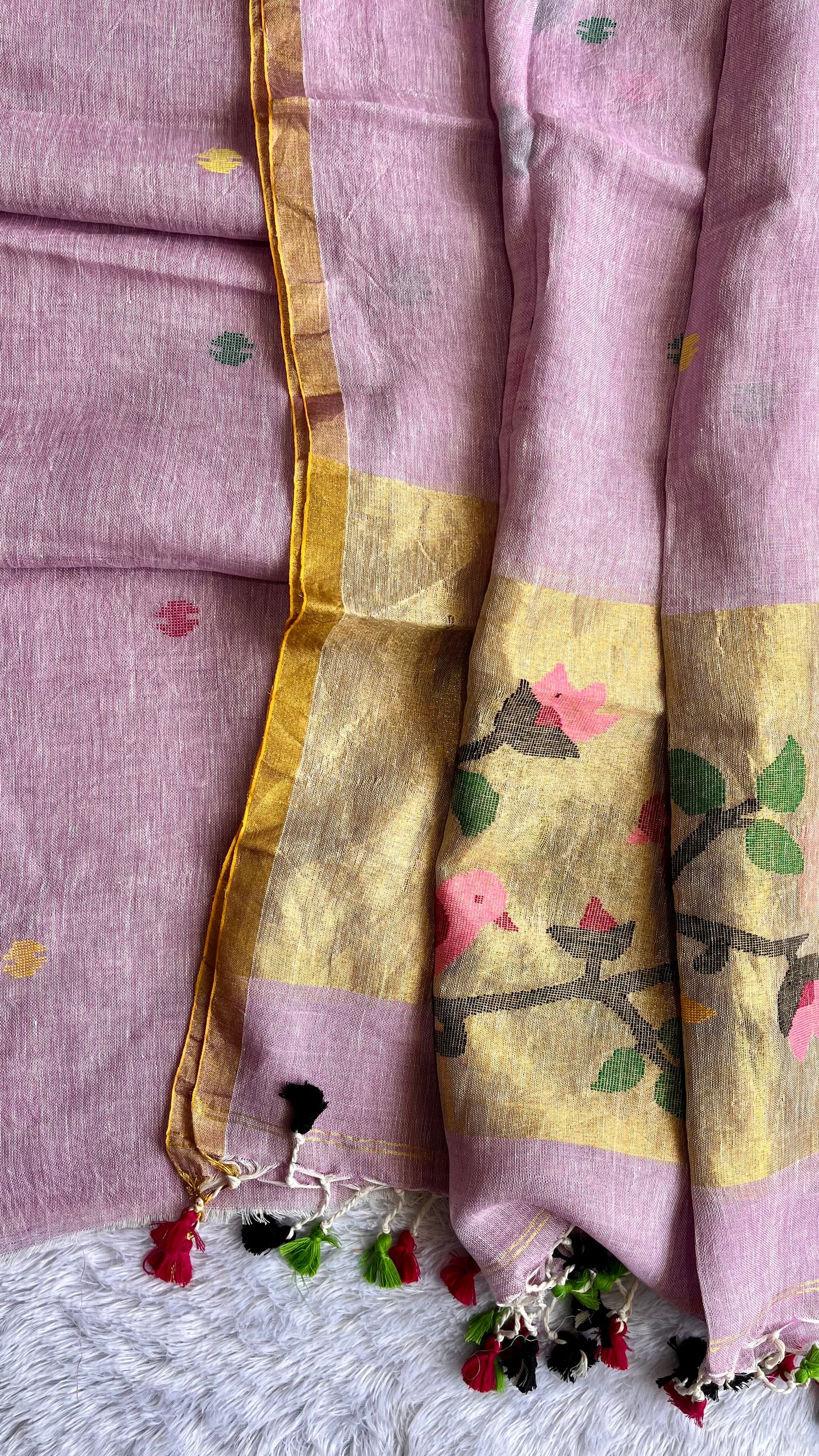 Rose Pink Paithani Unstitched Pure Linen on Linen Hand Woven Daman 2 pc Suit Set