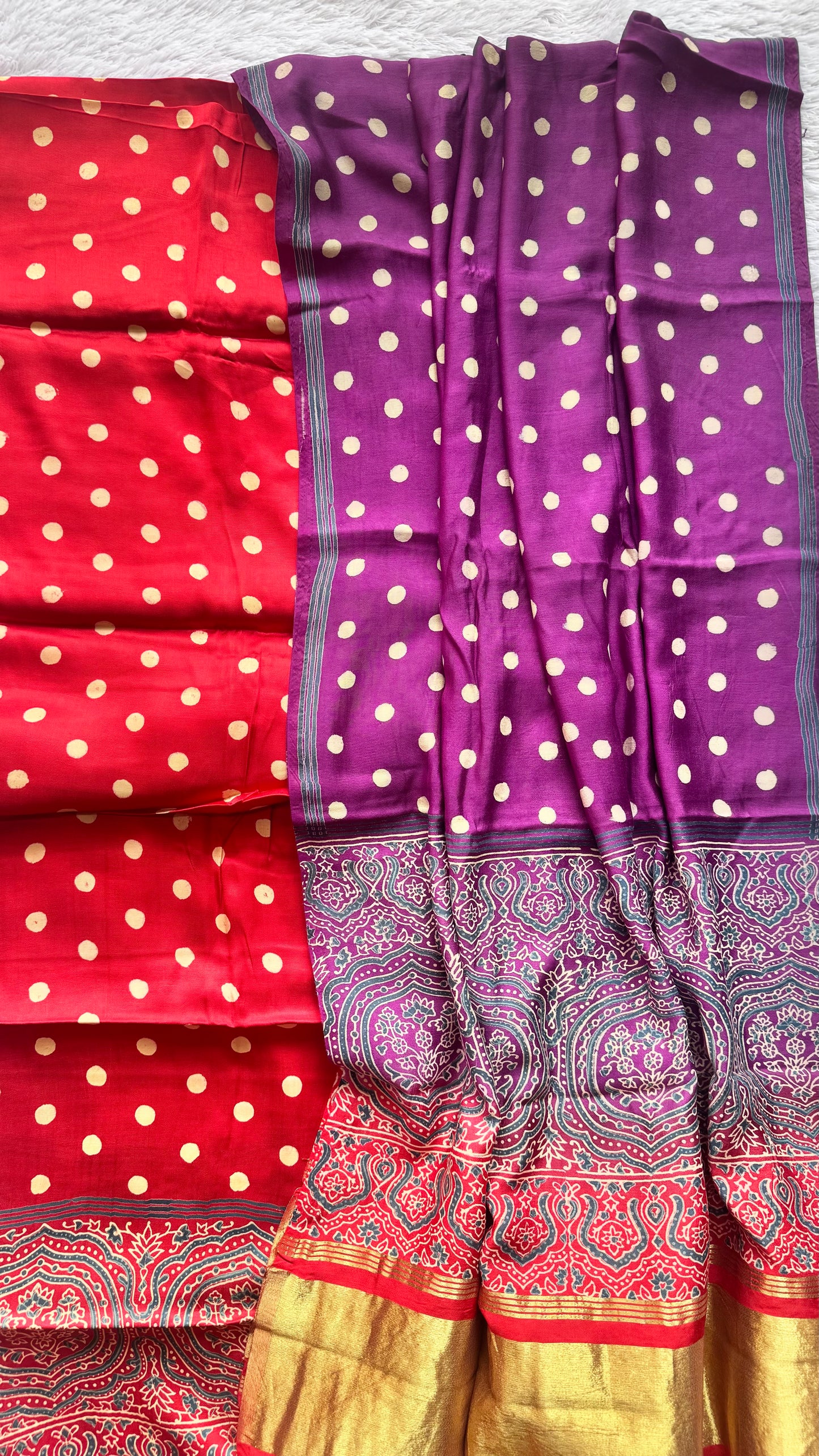 Red and Purple Polka Print Modal Silk Hand Block Print 2pc Suit Material Set with Modal Silk Lagdi Patti Dupatta
