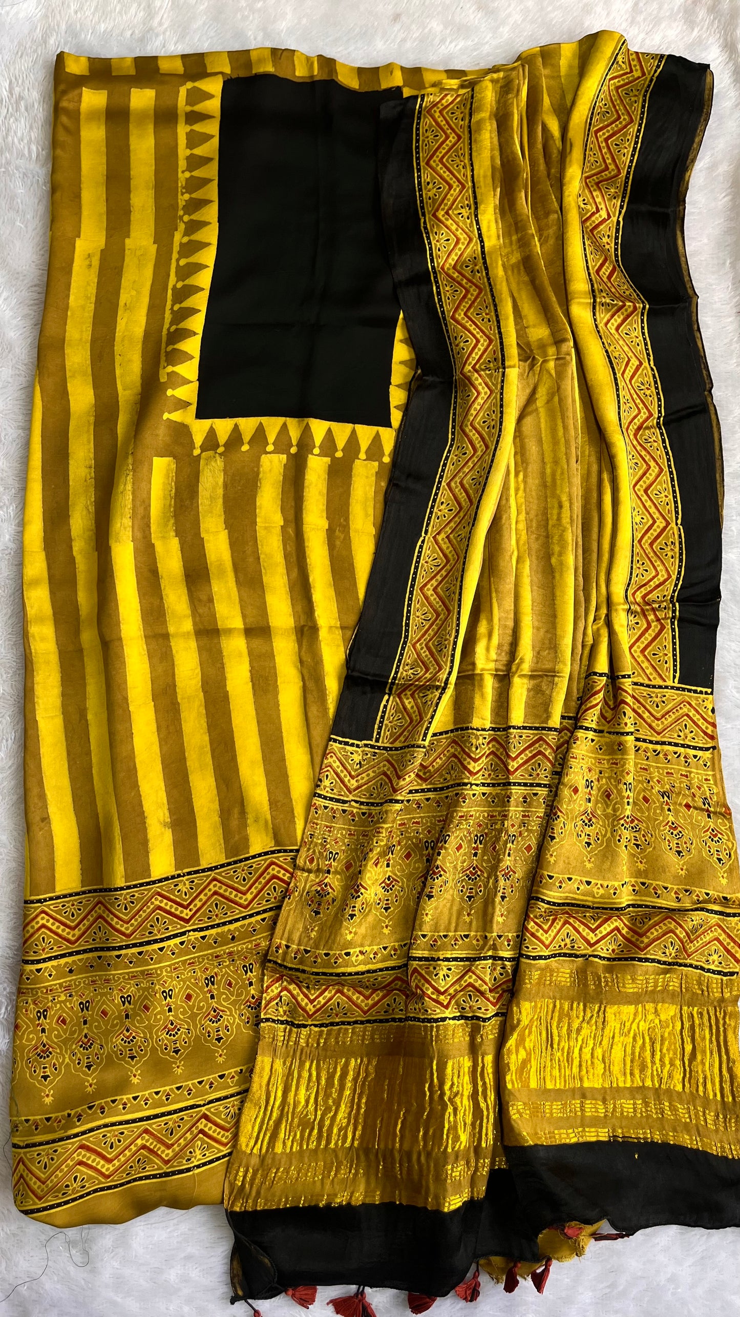 Mustard and Black Stripes Motif Modal Silk Suit Set with Ajrakh Modal Silk Lagdi Patti Dupatta