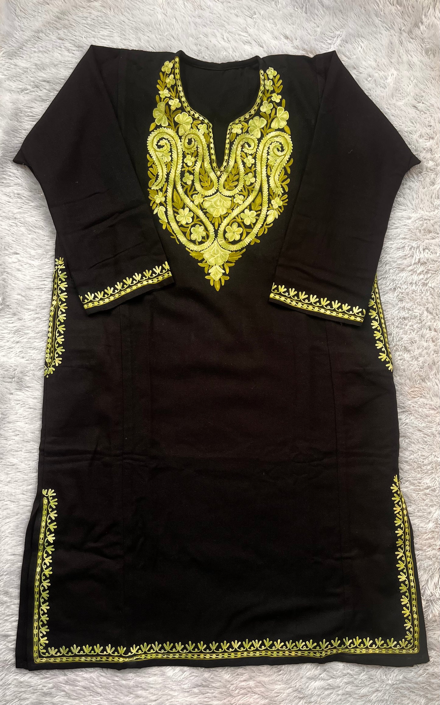 Black Shade with Green Kashmiri Aari Work Full Embroidered Pheran with Pockets