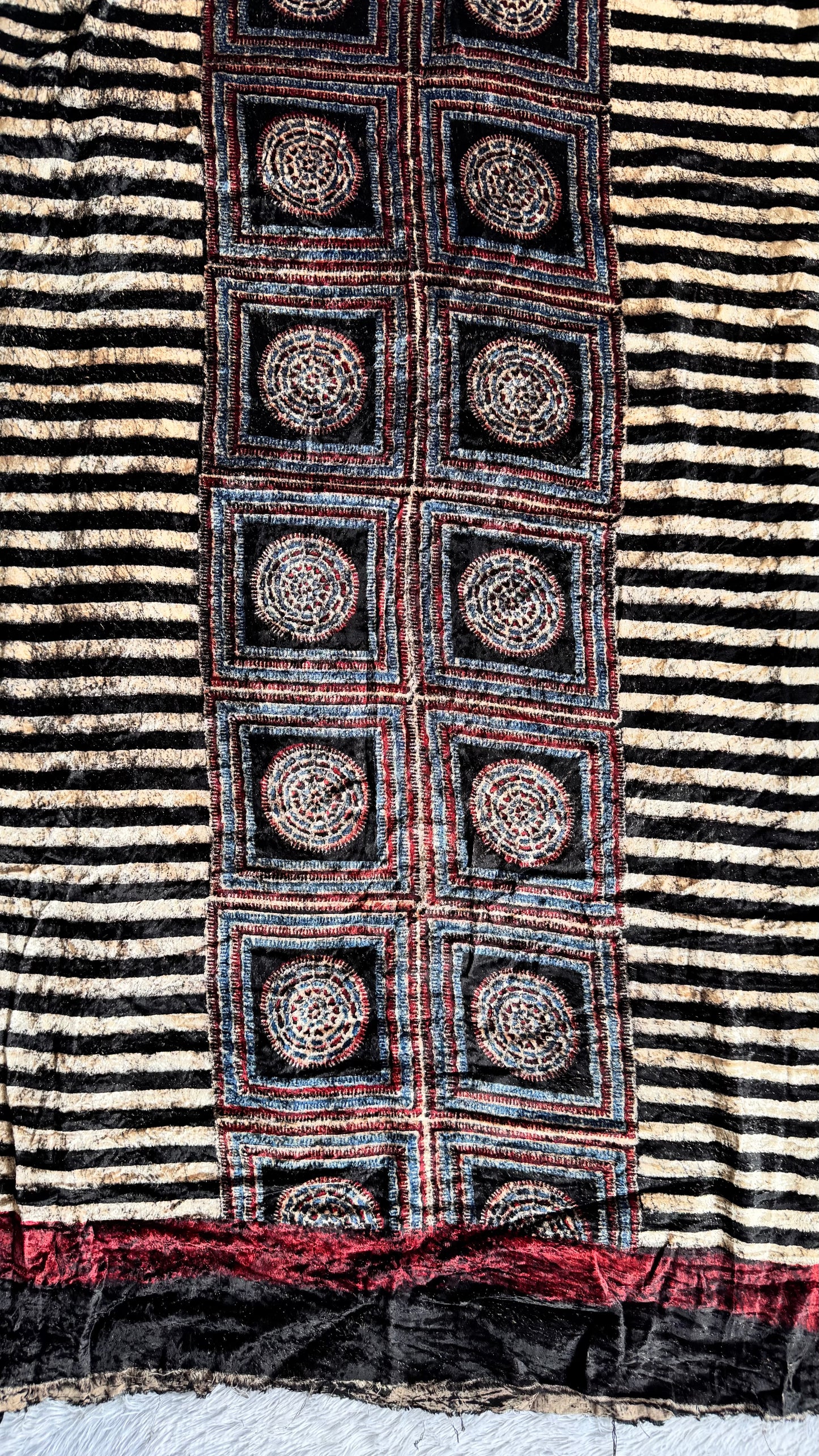 Black Stripes Buta Velvet Fabric Ajrakh Hand Block Print Designer Unstitched Fabric (Kurta Only)
