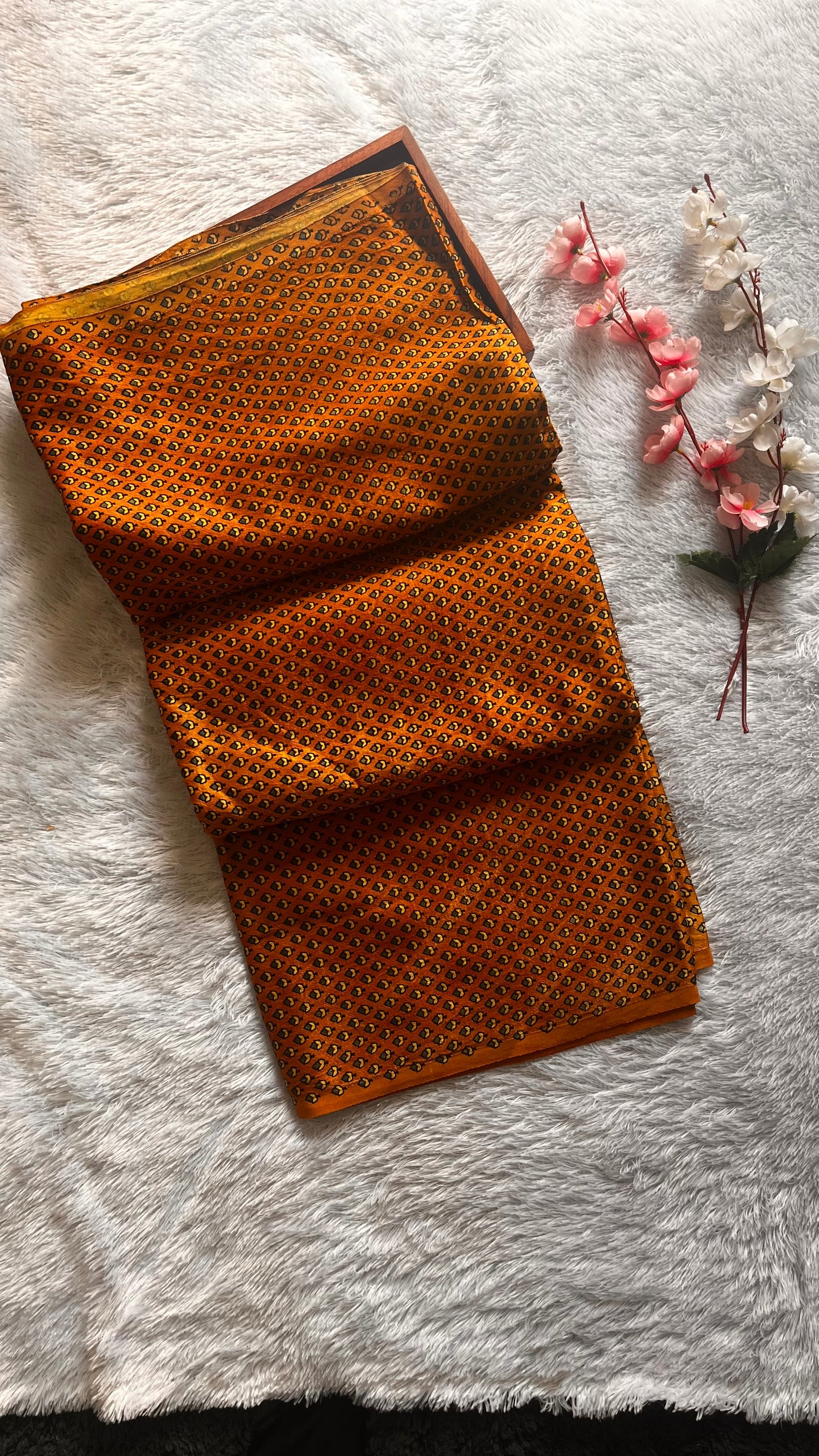 Mustard Yellow Shade Small Buti Motif Ajrakh Mashru Silk Fabric