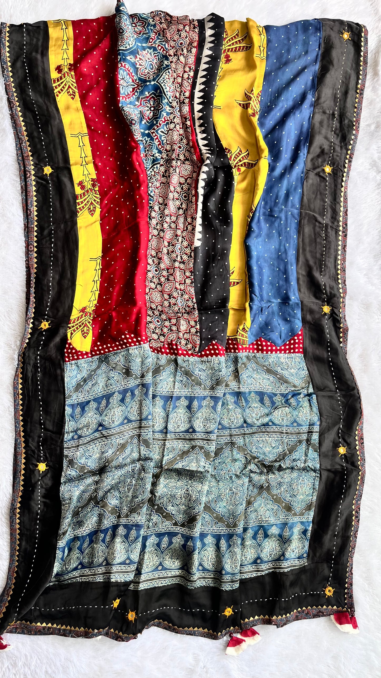 Multicolour Ajrakh Applique Patchwork Modal Silk Kantha Work Dupatta with Tassels and Mirror-work