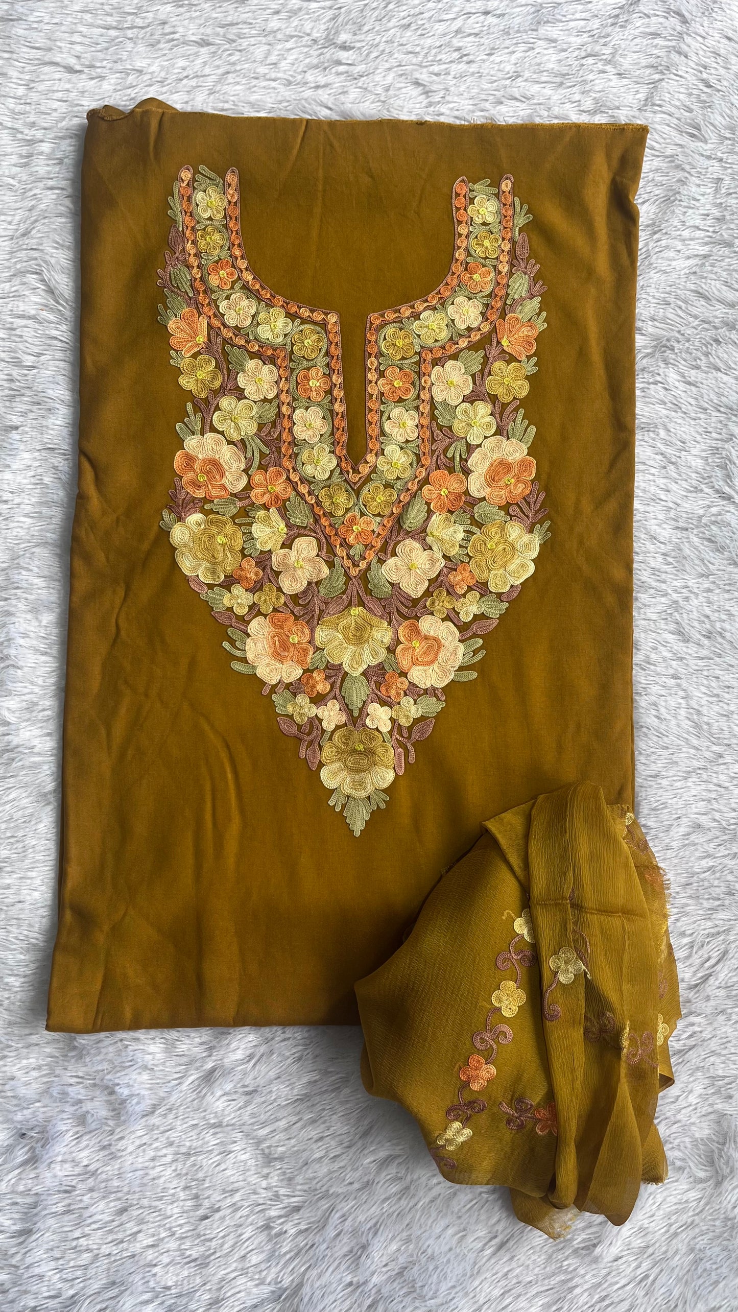Mustard with Beige Work Muslin Cotton Kashmiri Aari Embroidered 3pc Suit Set