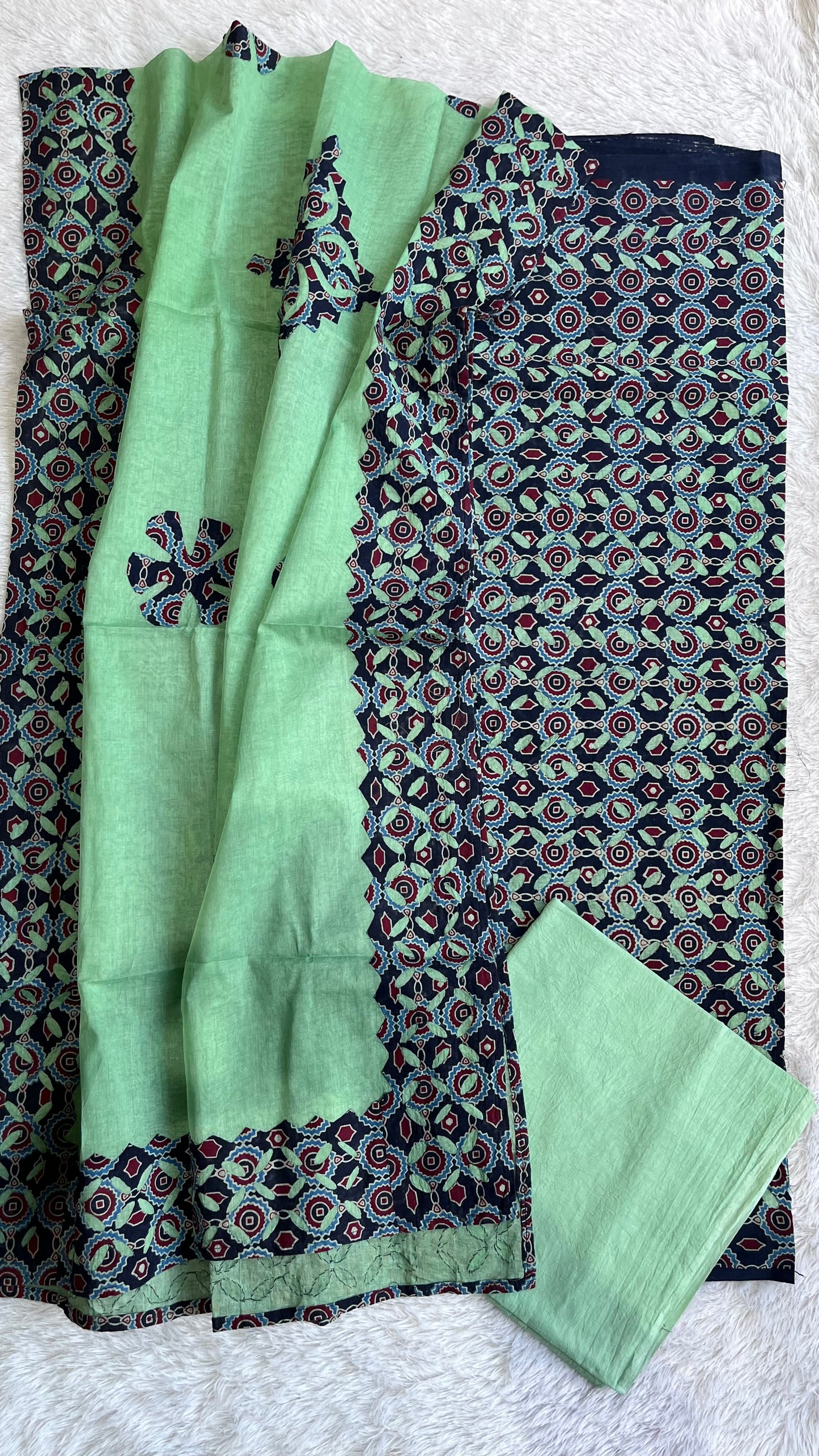 Black and Green Ajrakh Applique Cut Work Pure Cotton 3pc Suit Material Set
