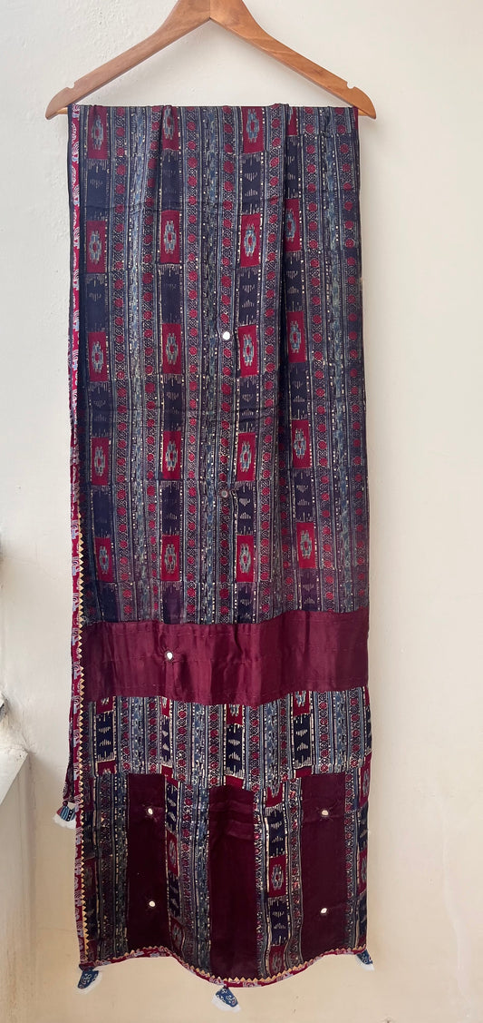 Coca Cola Shade Modal Silk Ajrakh Applique Dupatta with Mirror work and Tassels