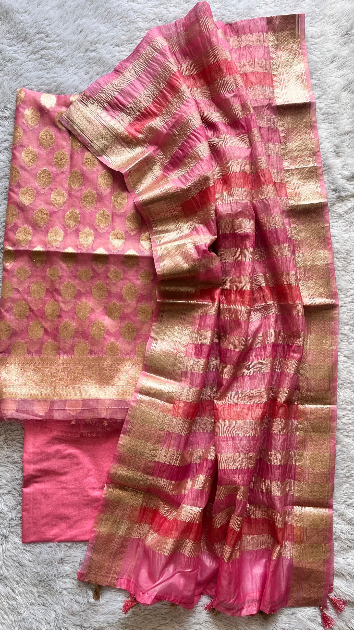 Gajri Pink Shade Banarasi Tissue Silk 3-Piece Suit with Threadwork & Crushed Organza Dupatta