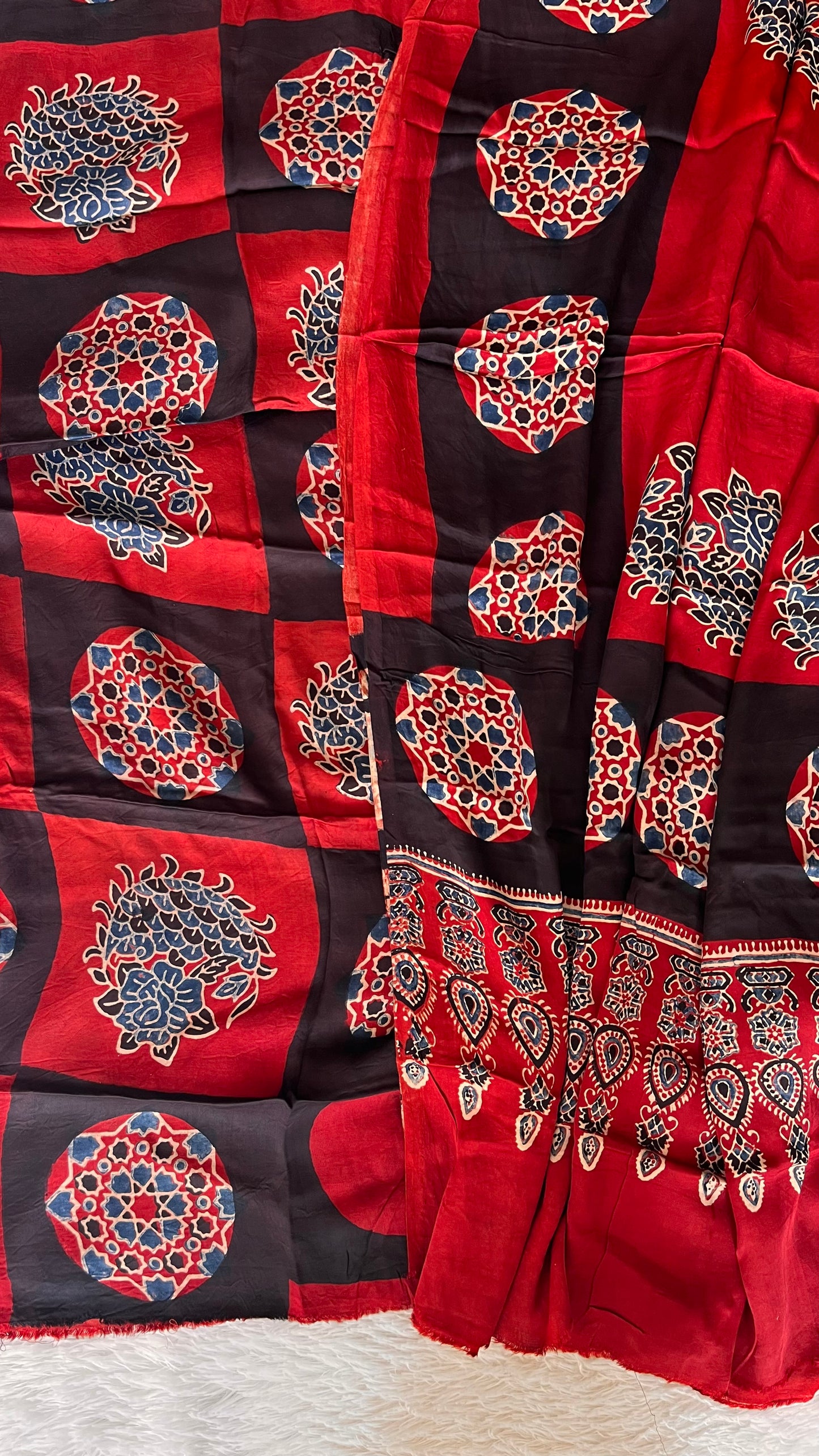 Deep Red Grid Print Ajrakh Motif Modal Silk 2pc Suit Set Material