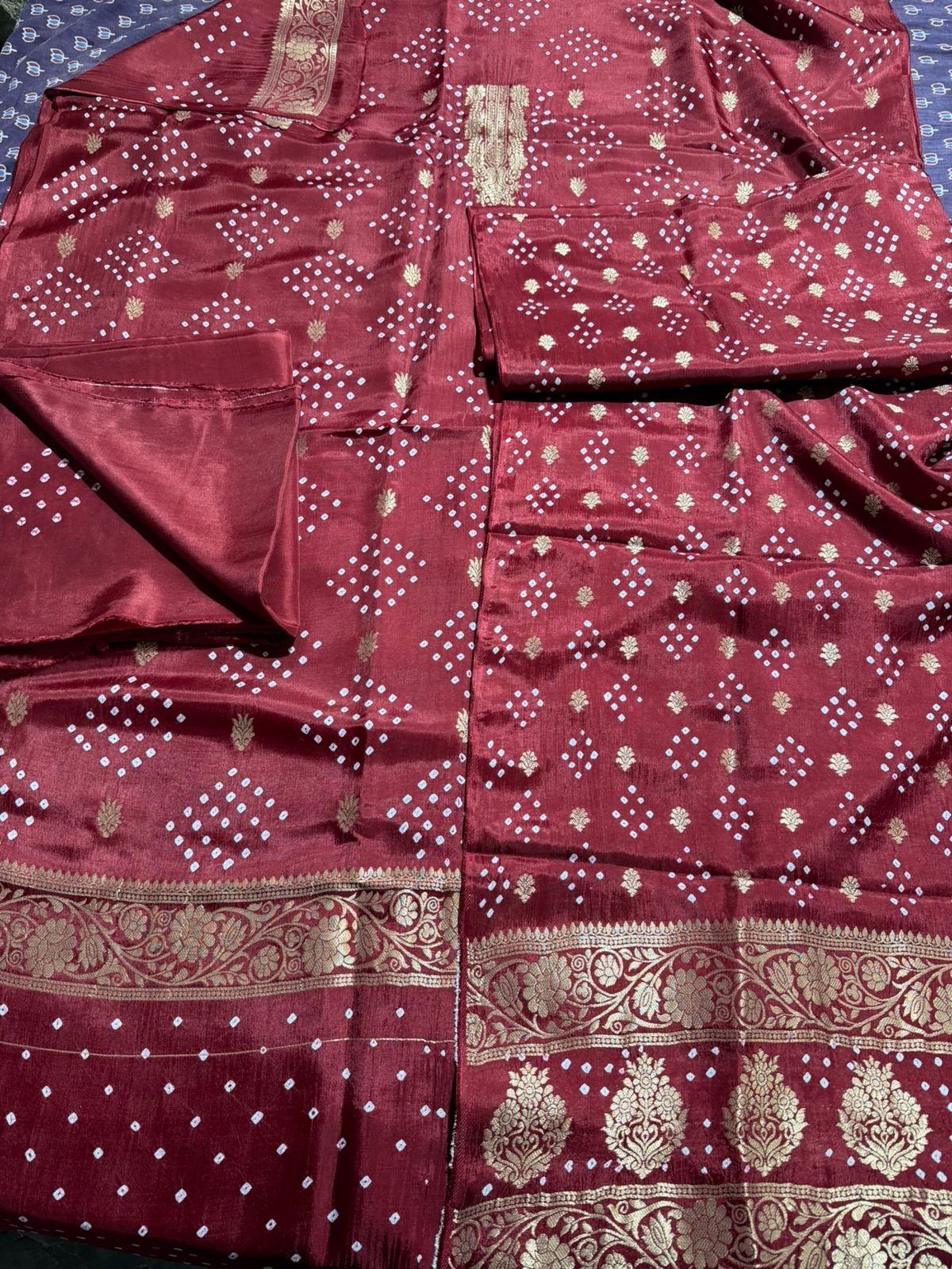 Magical Maroon Raidana Bandhej Pure Dola Silk Ajrakh Hand Block Print 3 pc Suit Material Set with Menakari Yoke and Nakkashi Dupatta and Bottom