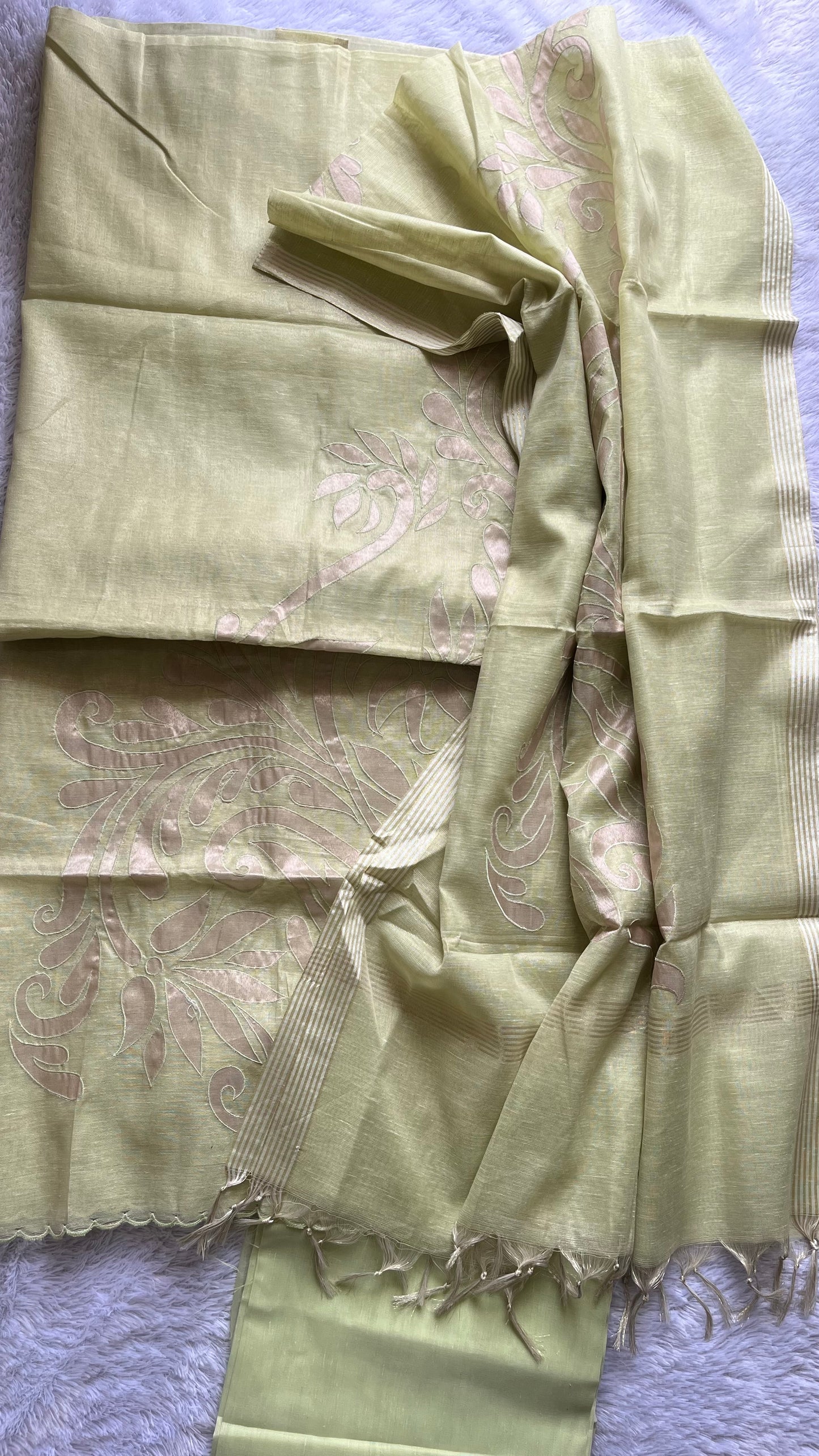 Green Shade Banarasi Tissue Linen 3-Piece Suit with All over Applique Work on Daman and Dupatta