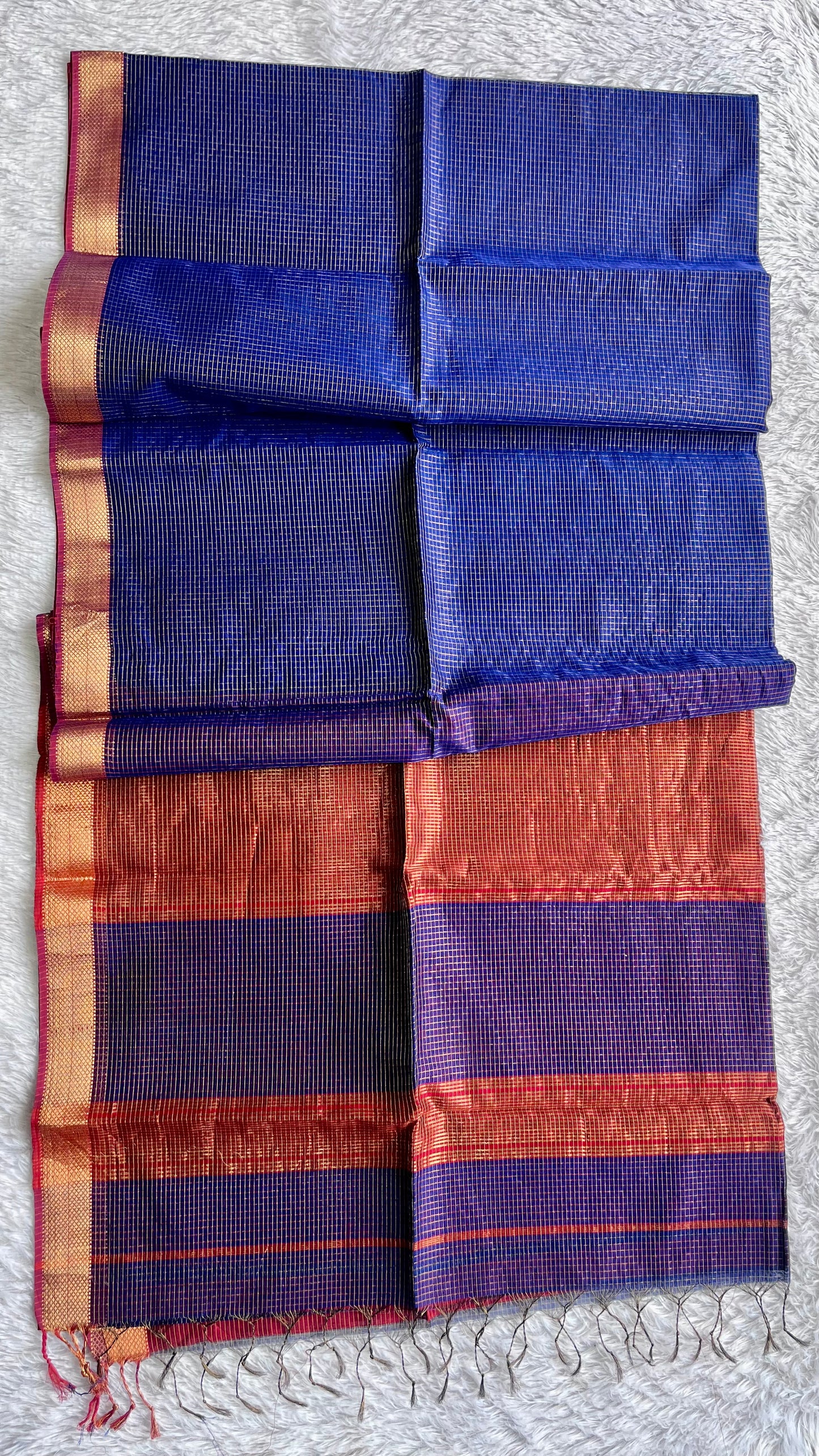 Ink Blue with Gold Zari Border Handwoven Maheshwari Tissue Silk Saree