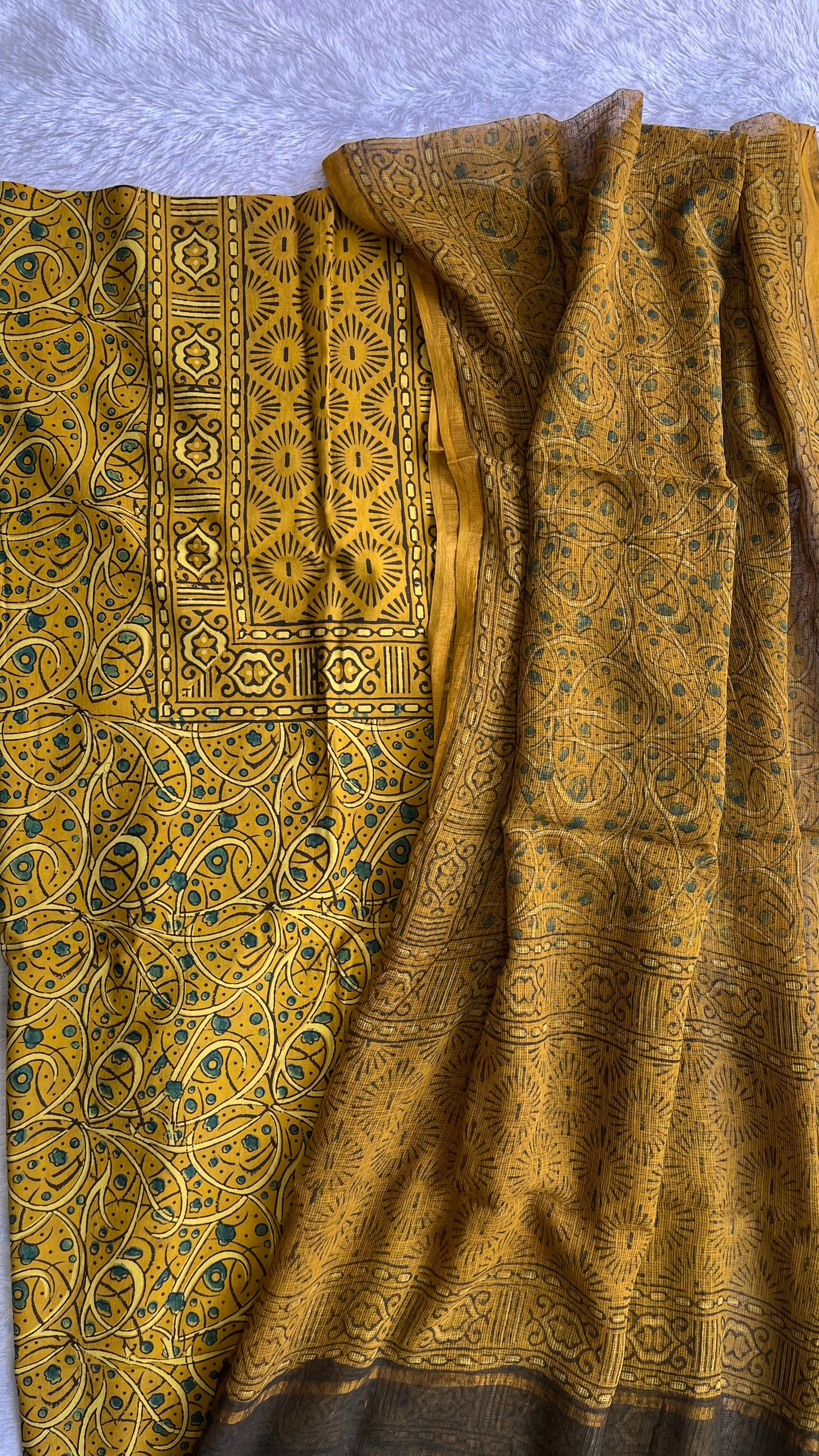 Turmeric Yellow Pure Cotton Ajrakh Unstitched Suit Set with Ajrakh Kota Doria Dupatta