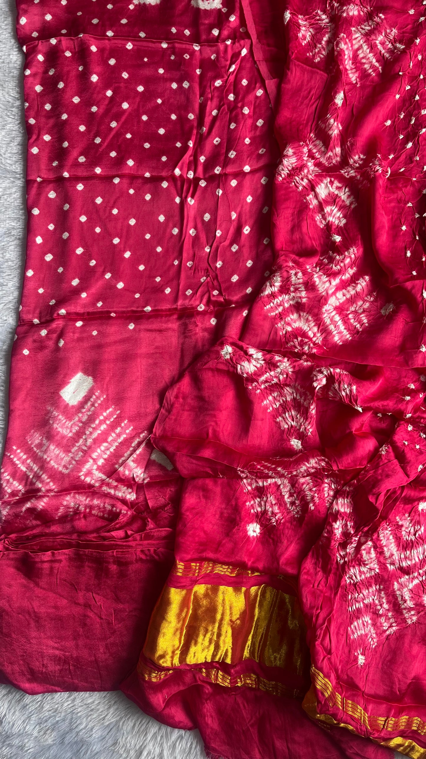 Hot Pink Bandhej Semi Modal Silk 3 pc Suit Set with Lagdi Patti Dupatta