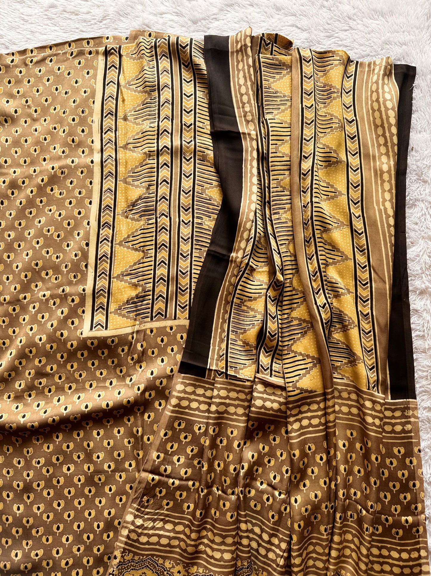 Earthy Beige Kamal Print Modal Silk Ajrakh Natural Dyed Hand Block Print 2pc Suit Material Set