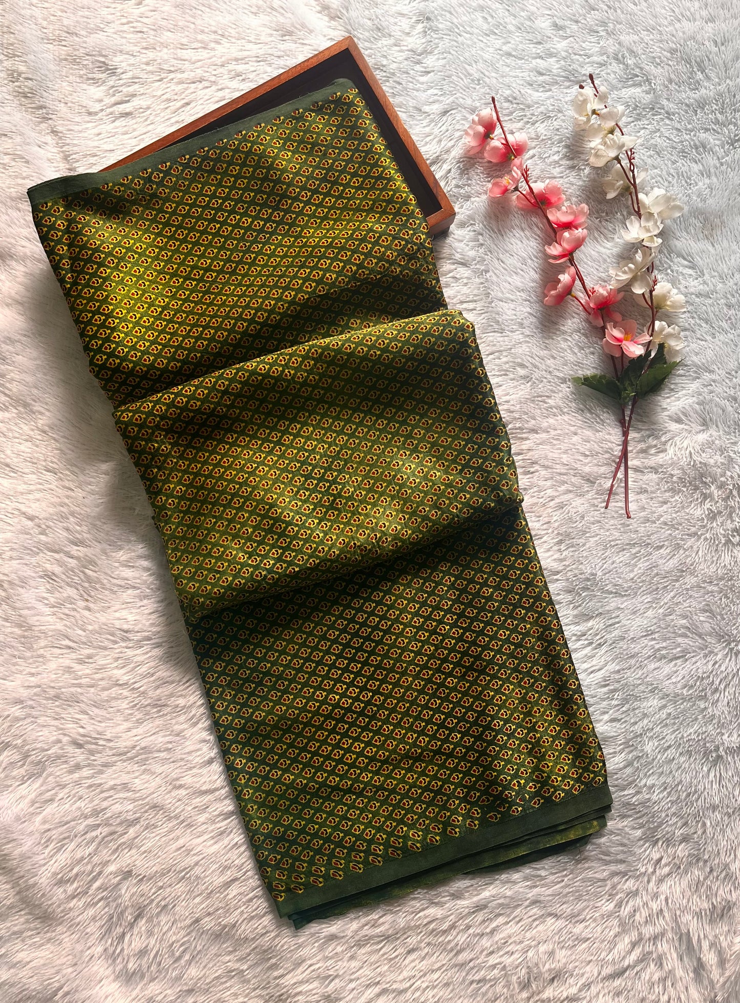 Forest Green Shade Small Buti Motif Ajrakh Mashru Silk Fabric