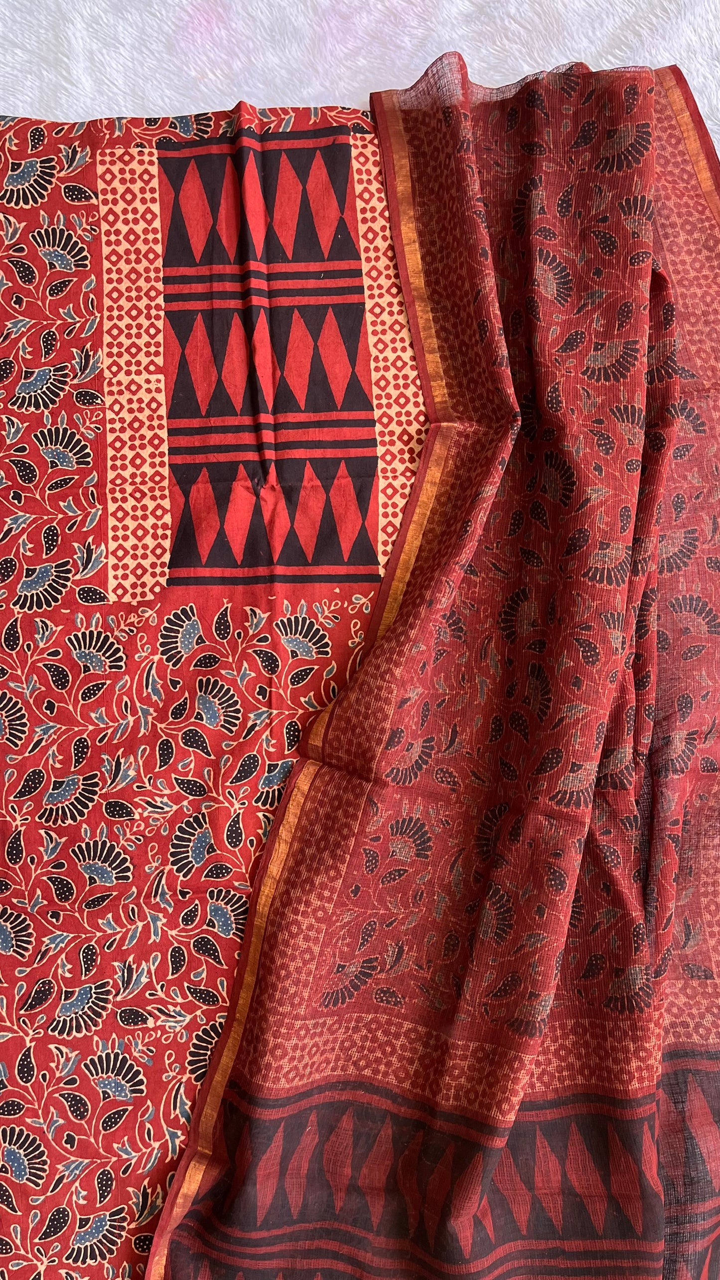 Maddar Red Pure Cotton Ajrakh Unstitched Suit Set with Ajrakh Kota Doria Dupatta