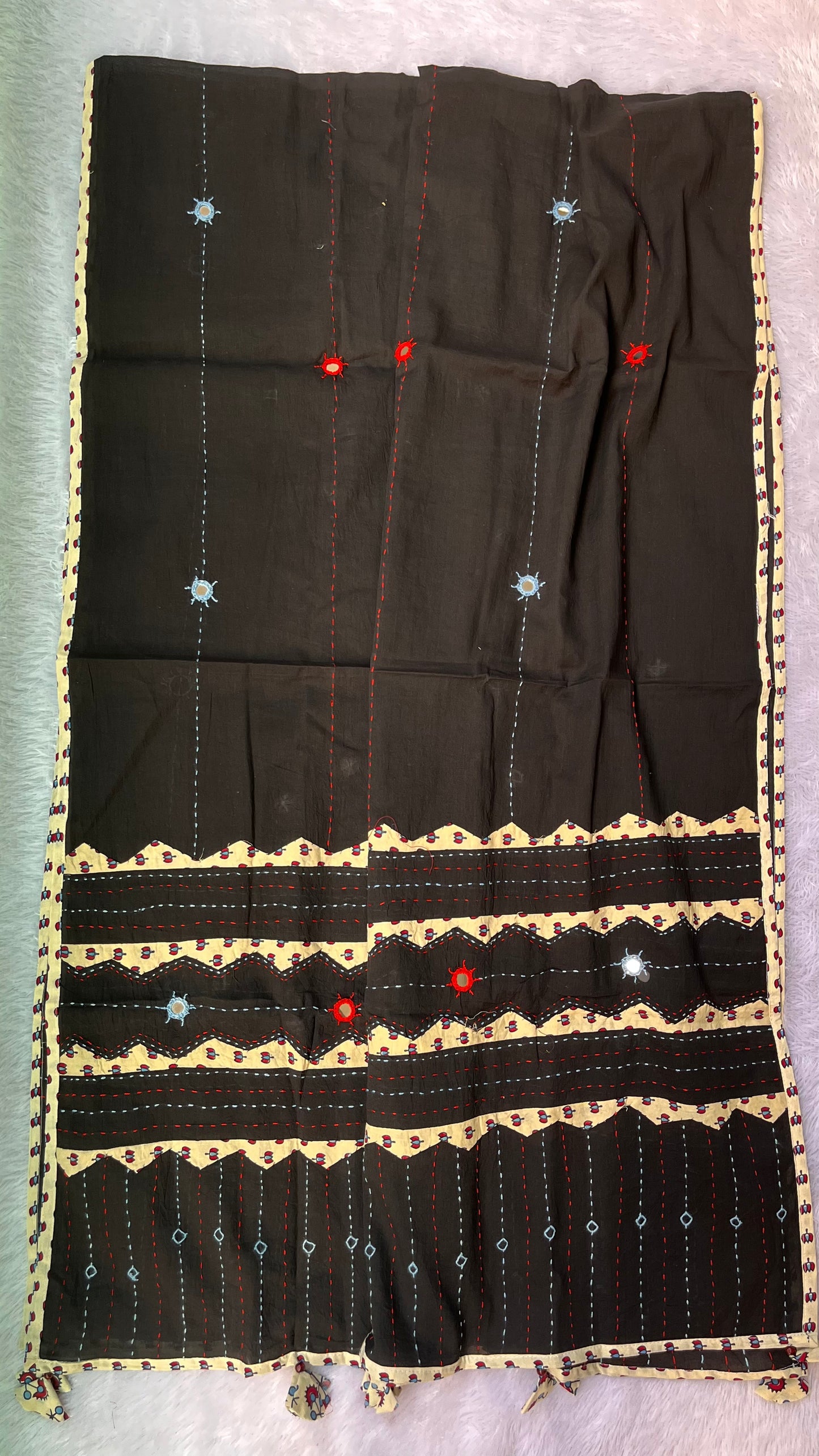 Black With Off White Ajrakh Applique Patchwork Cotton Dupatta with Mirror Work