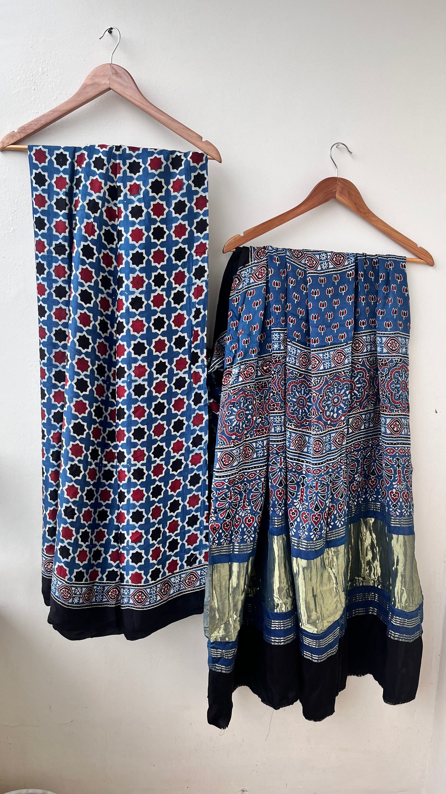 Blue Small Grid Motif Ajrakh Hand Block Natural Dye Modal Silk Lagdi Patti Saree With Blouse