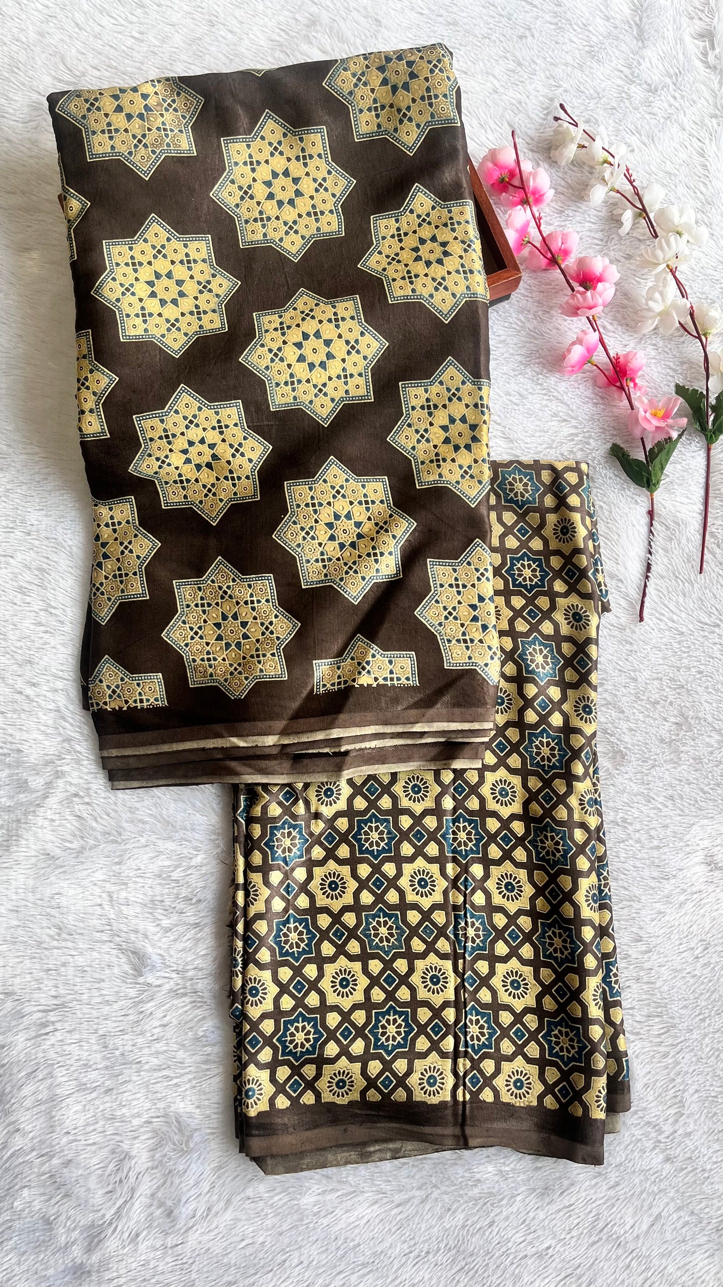 Coffee Brown Star Motif Ajrakh Mashru Silk Kurta Pant Fabric