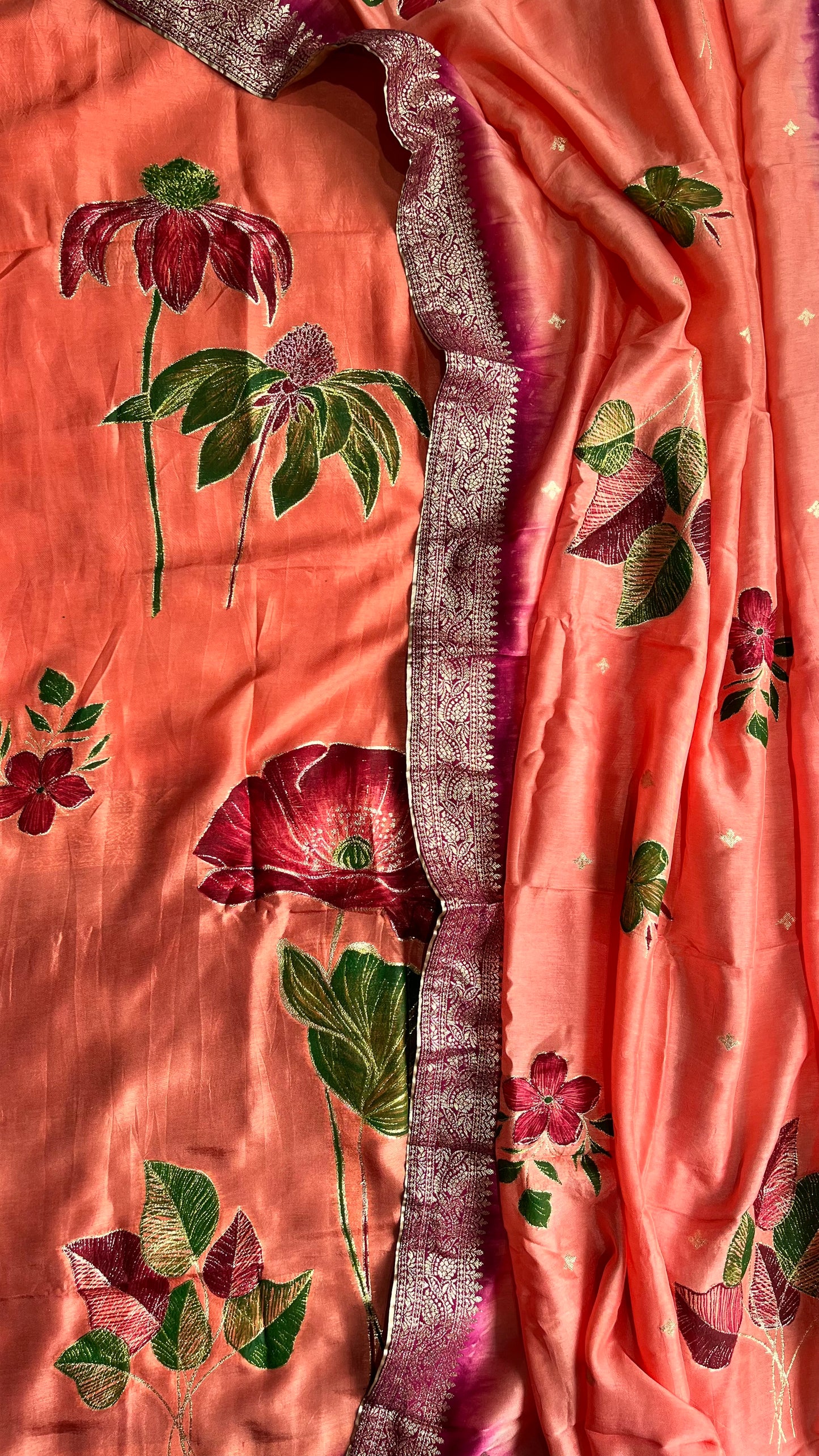 Peach me not Dola Silk Hand Brush Print 2pc Suit Material Set with Zari Pallu and Full Finish with Tassels
