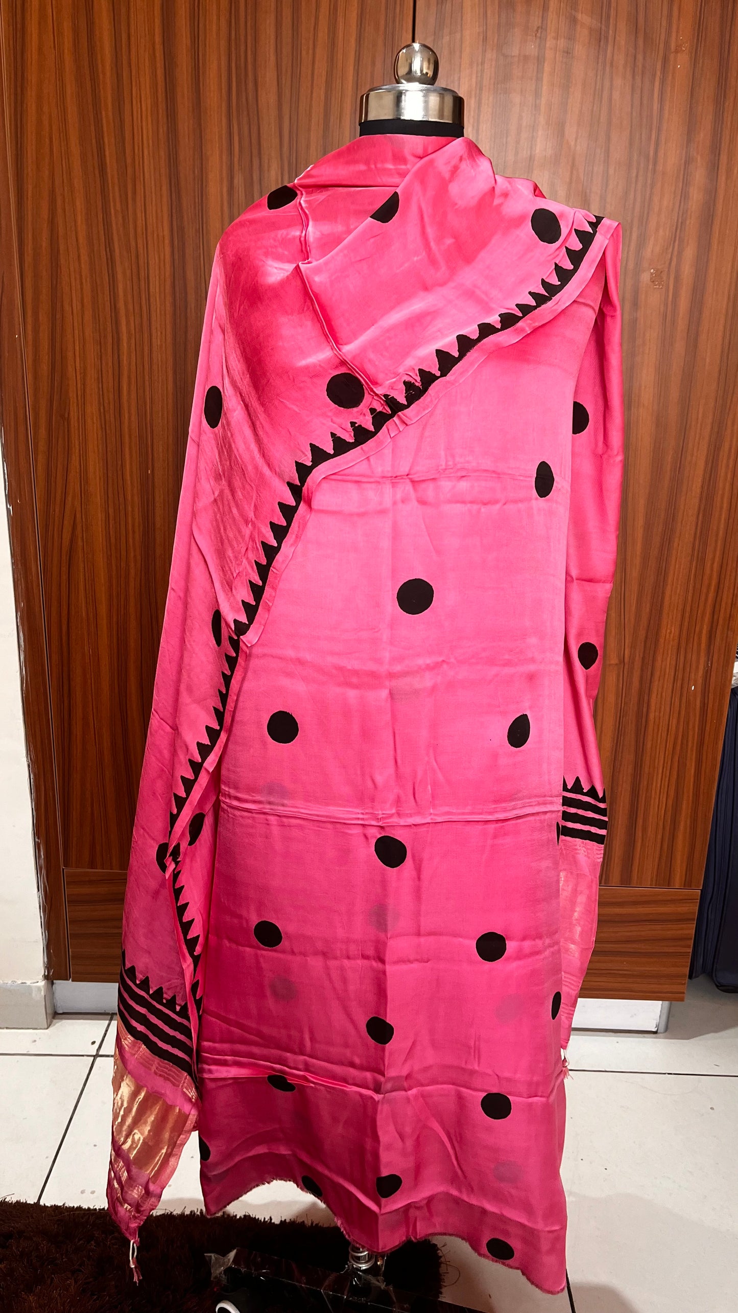 Bubblegum Pink Polka Motif Pure Modal Silk 2pc Suit Set with Lagdi Patti Dupatta