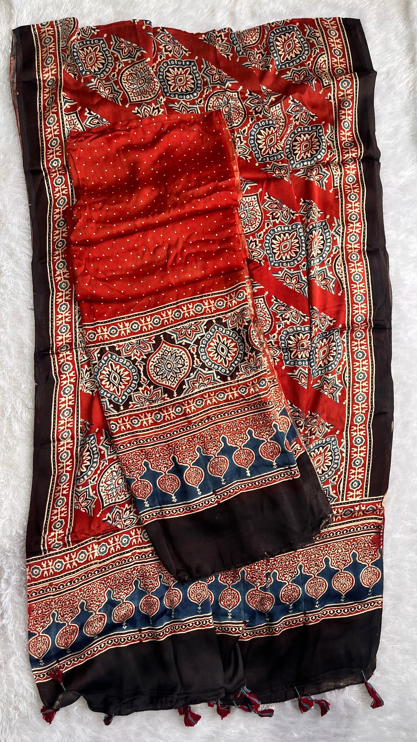 Maddar Red Buta Print Modal Silk Ajrakh Natural Dyed Hand Block Print 2pc Suit Material Set