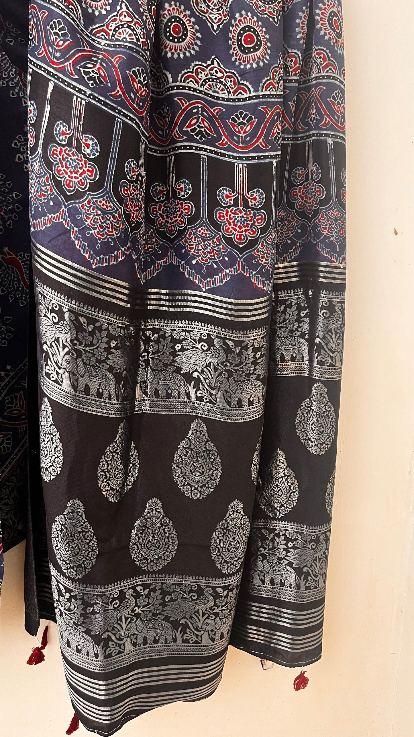 Indigo Mor Buta Motif Ajrakh Hand Block Dola Silk Saree with Zari Pallu (With Blouse)